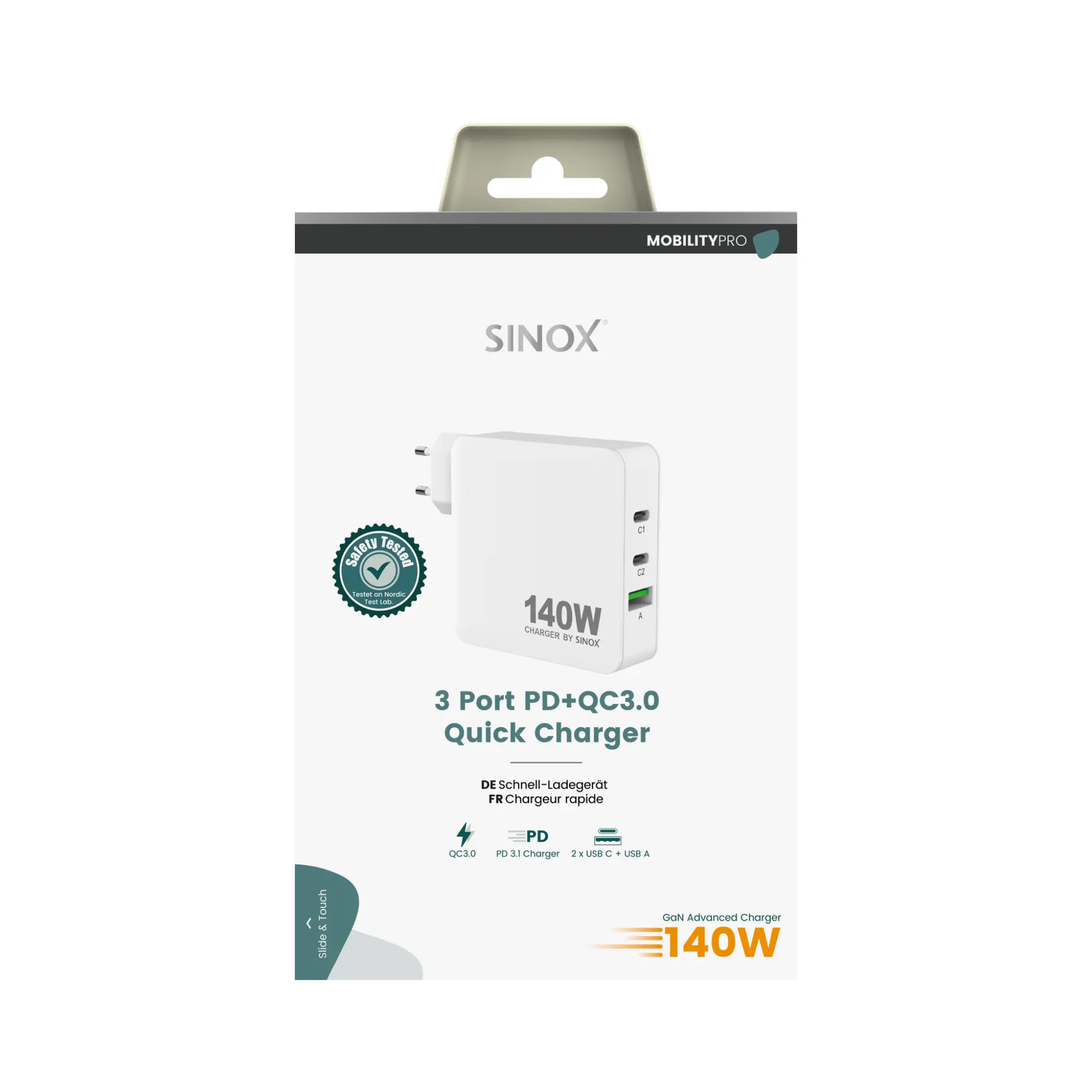 Sinox PRO vegglader 2xUSB-C 1xUSB-A 140W. Hvit