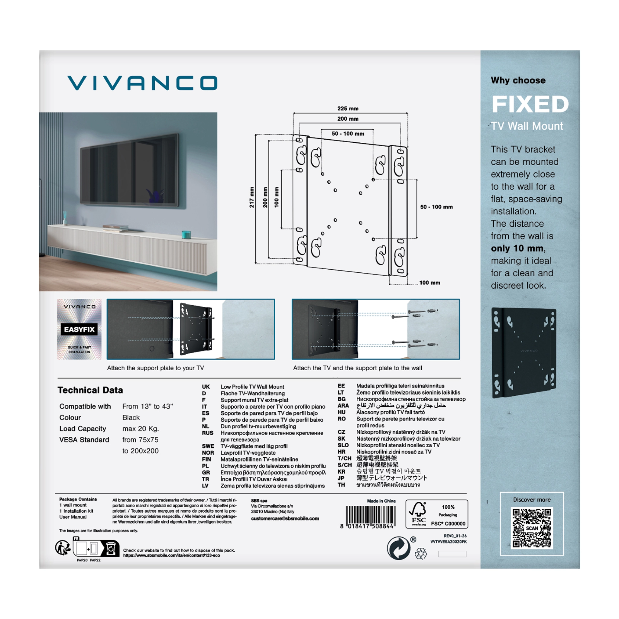 Vivanco TV-veggmontering, FLAT, 43", 20 kg, VESA 200x200