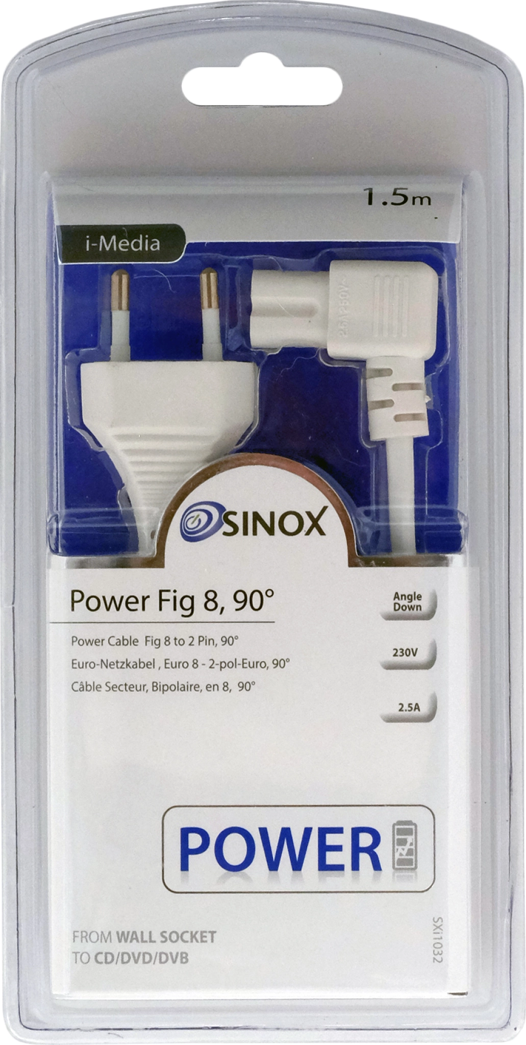 Sinox 8-sifret vinklet strømkabel. 1.5m. Hvit