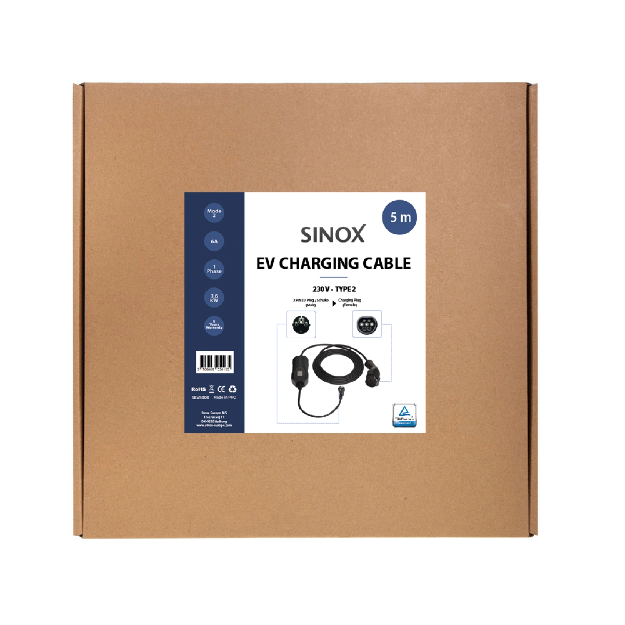 Sinox EV-ladekabel Mode 2. 6A 1 fase. 5m. Svart