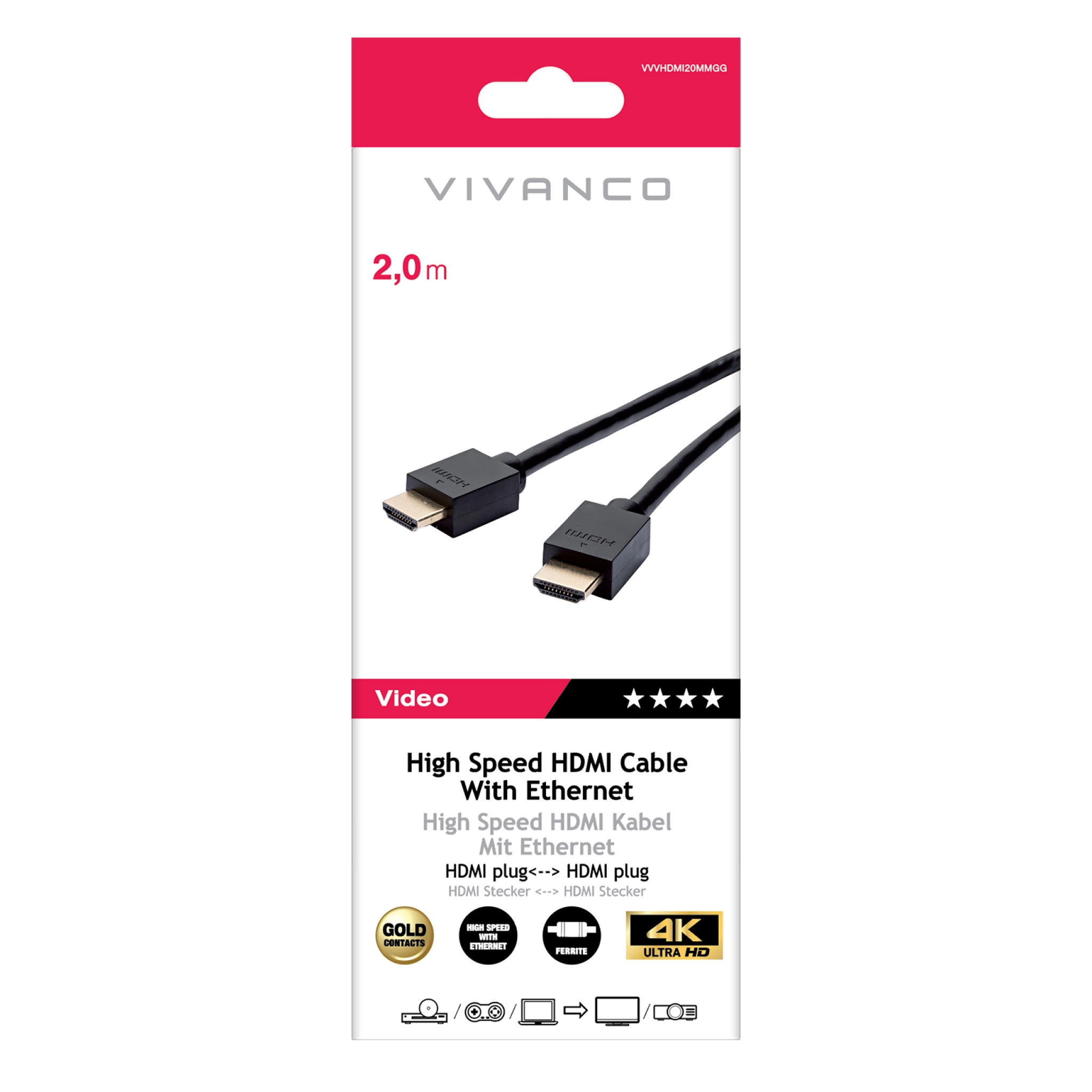 Vivanco høyhastighets HDMI-kabel med Ethernet