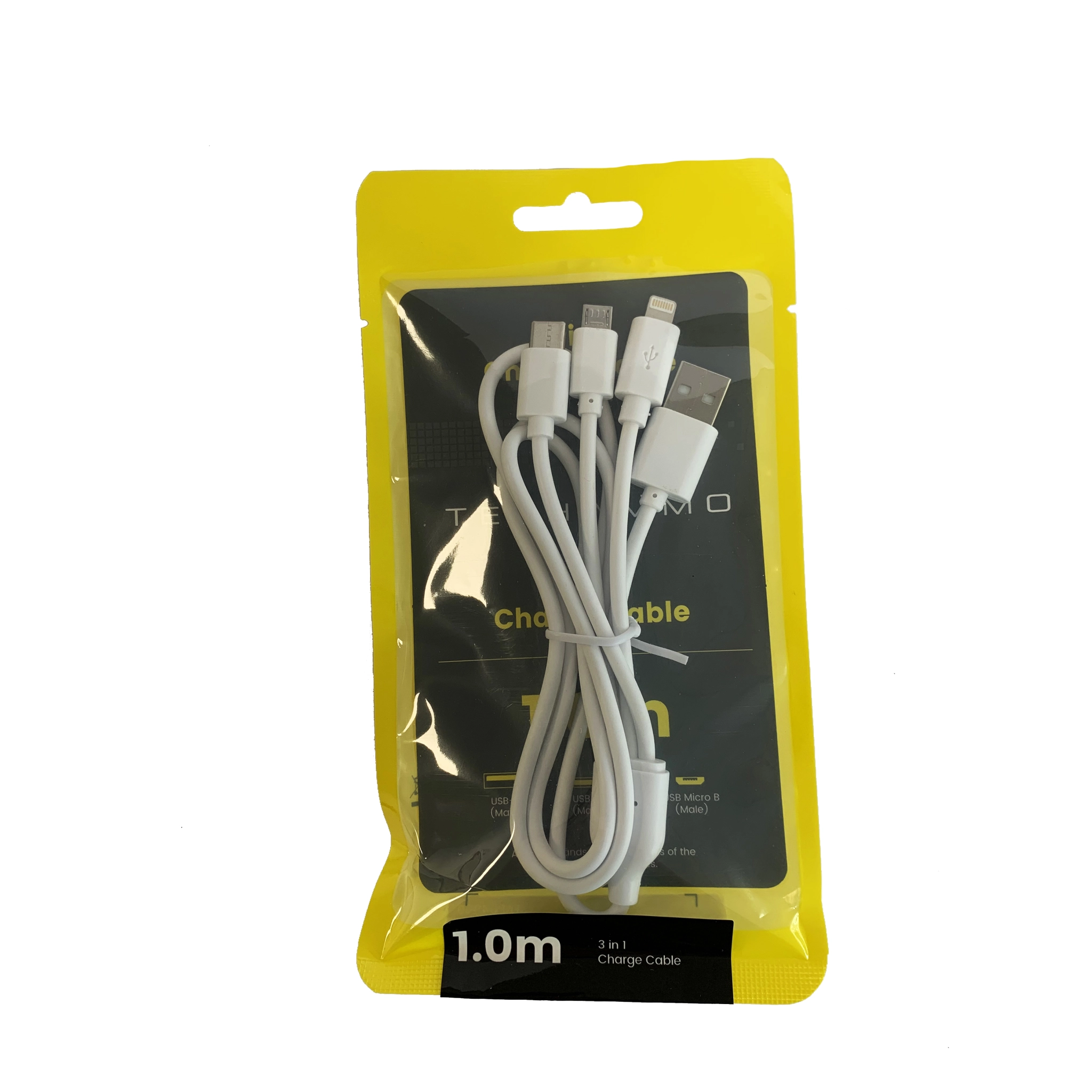 Techammo 3-i-1-kabel med Lightning, USB C og Micro USB. 1m. Hvit