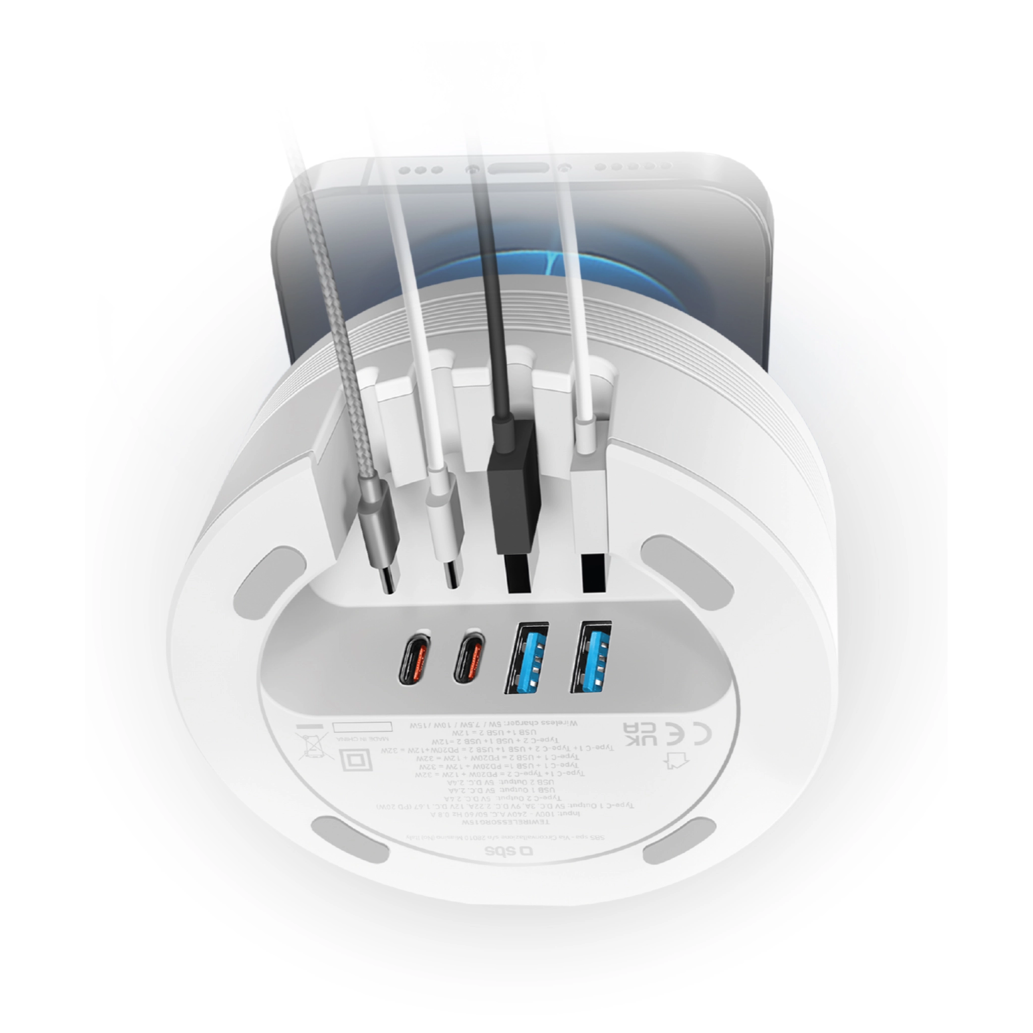 SBS ladestasjon med 2 USB-A-porter, 2 USB-C-porter og trådløs lader. Hvit
