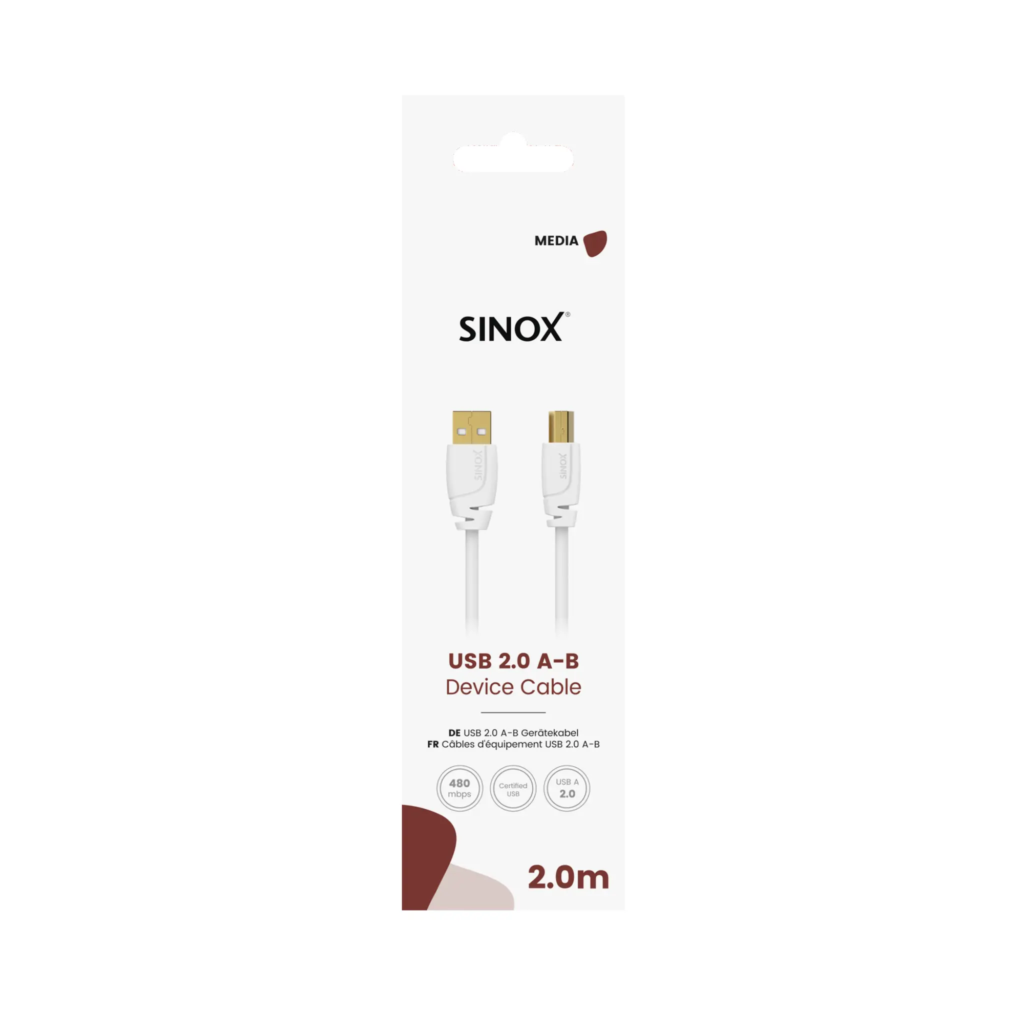 Sinox USB 2.0-kabel. 1.8m. Hvit