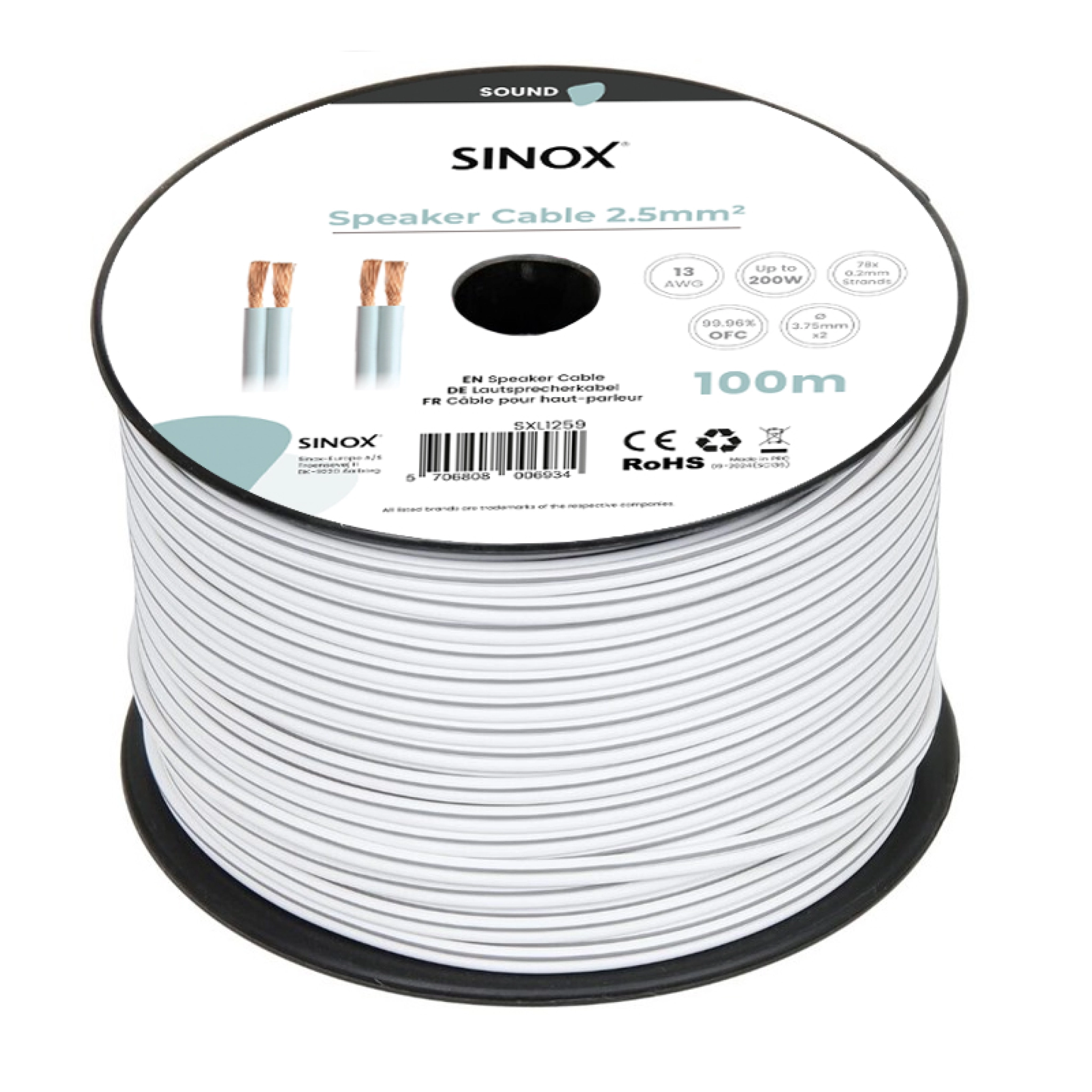 Sinox høyttalerkabel 2x2,5 mm. Hvit