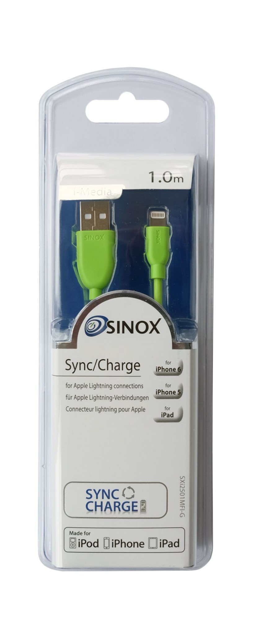 Sinox Lightning-kabel med original Apple™-brikke. 1m. Grønn