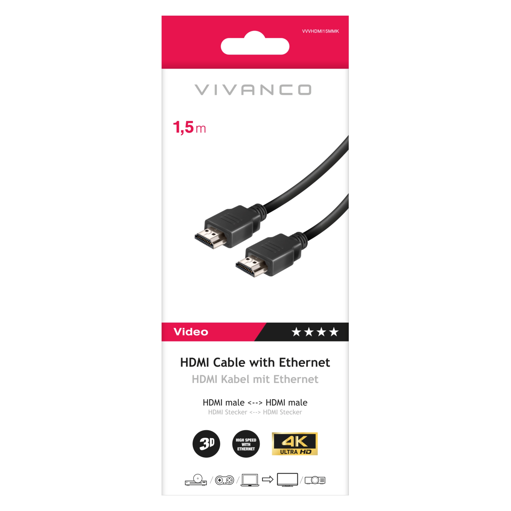 Vivanco HDMI Type A-kabel for 3D og 4K Ultra HD