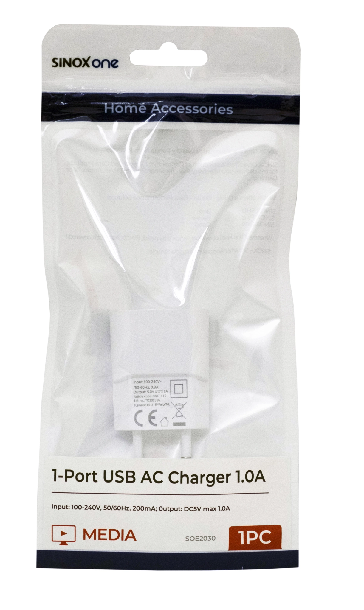 Sinox One 230V USB-A lader 5W. Hvit