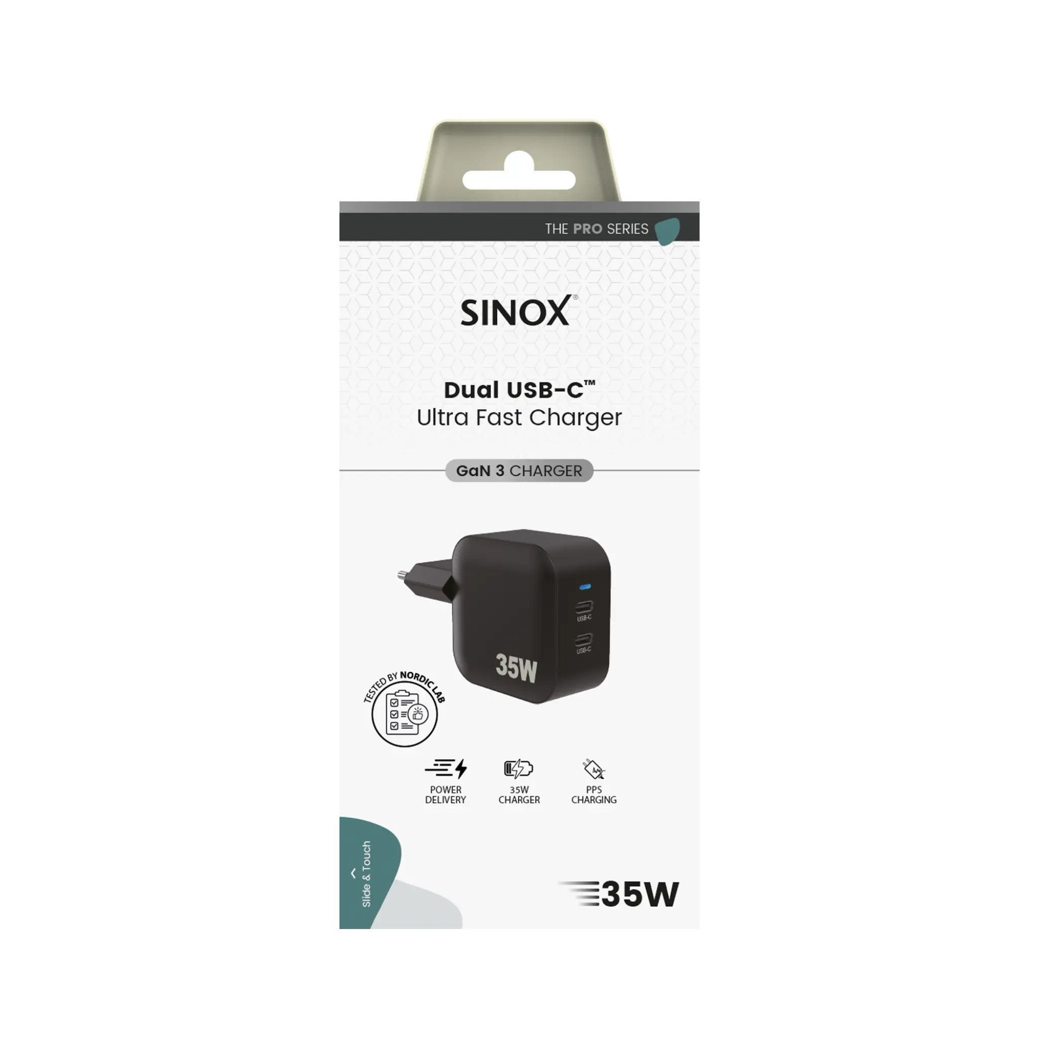 Sinox PRO vegglader 2xUSB-C PD 35W. Svart