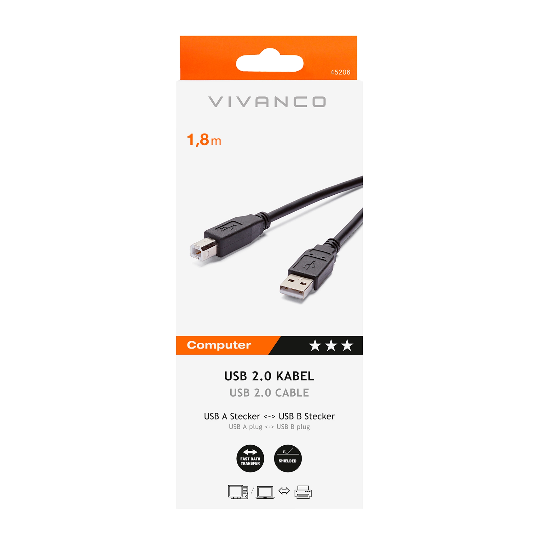 Vivanco USB-B 2.0-kompatibel tilkoblingskabel, 1,8 m
