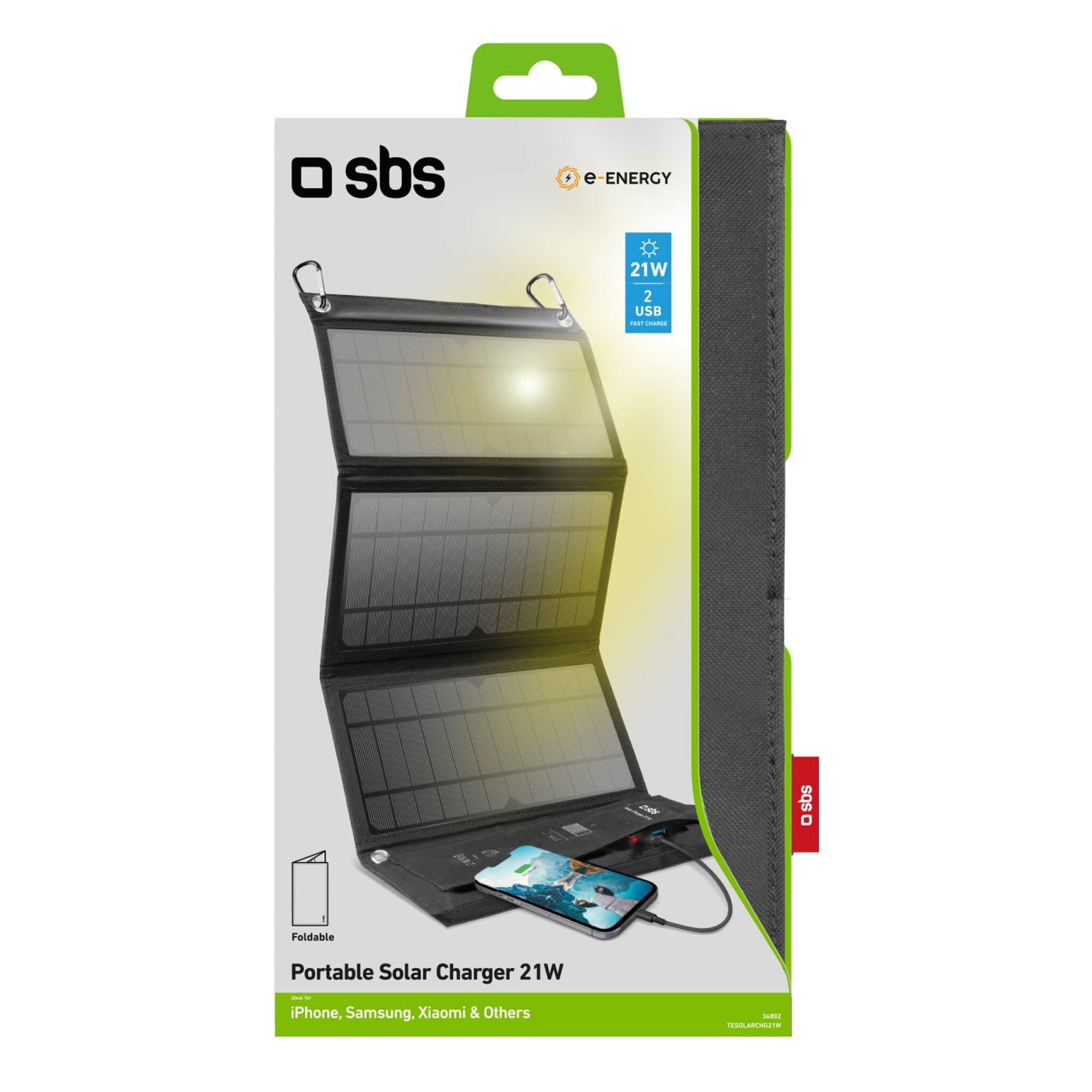 SBS Portable Solar-Powered Battery Charger. 21W