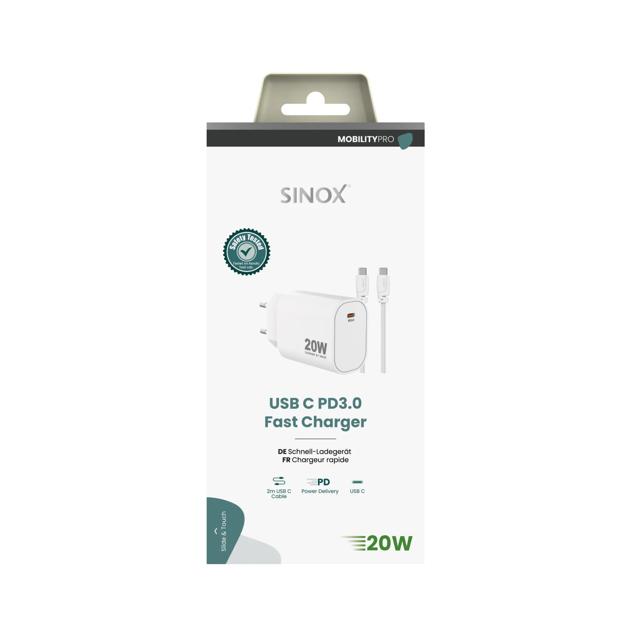 Sinox PRO vegglader USB-C PD 20W med USB-C-kabel. Hvit