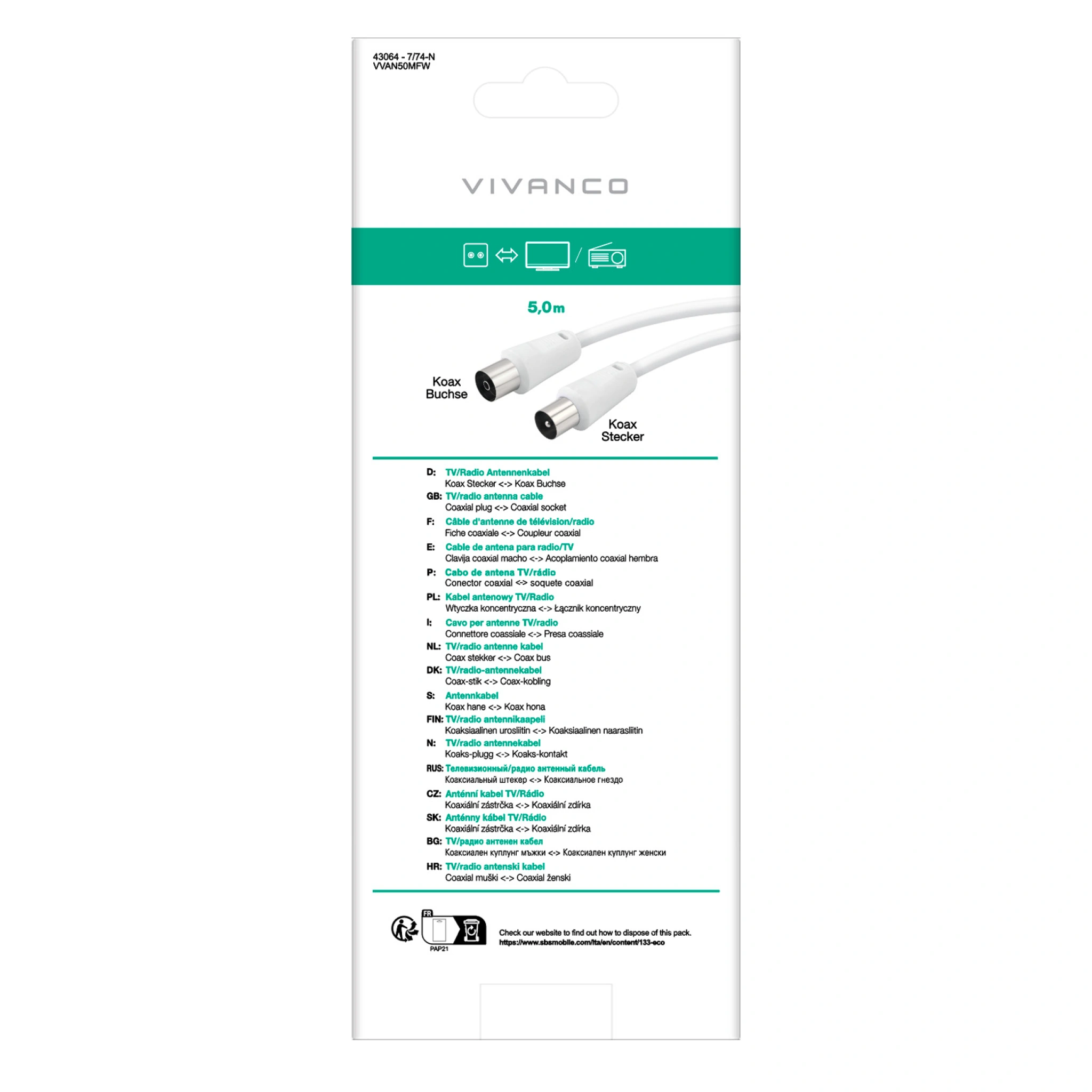 Vivanco hann/hann-antennekabel 50dB