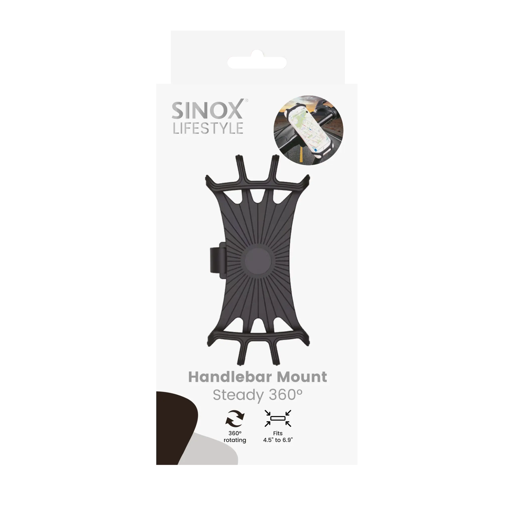 Sinox Lifestyle 360° roterbar mobiltelefonholder for sykler og sparkesykler. Svart