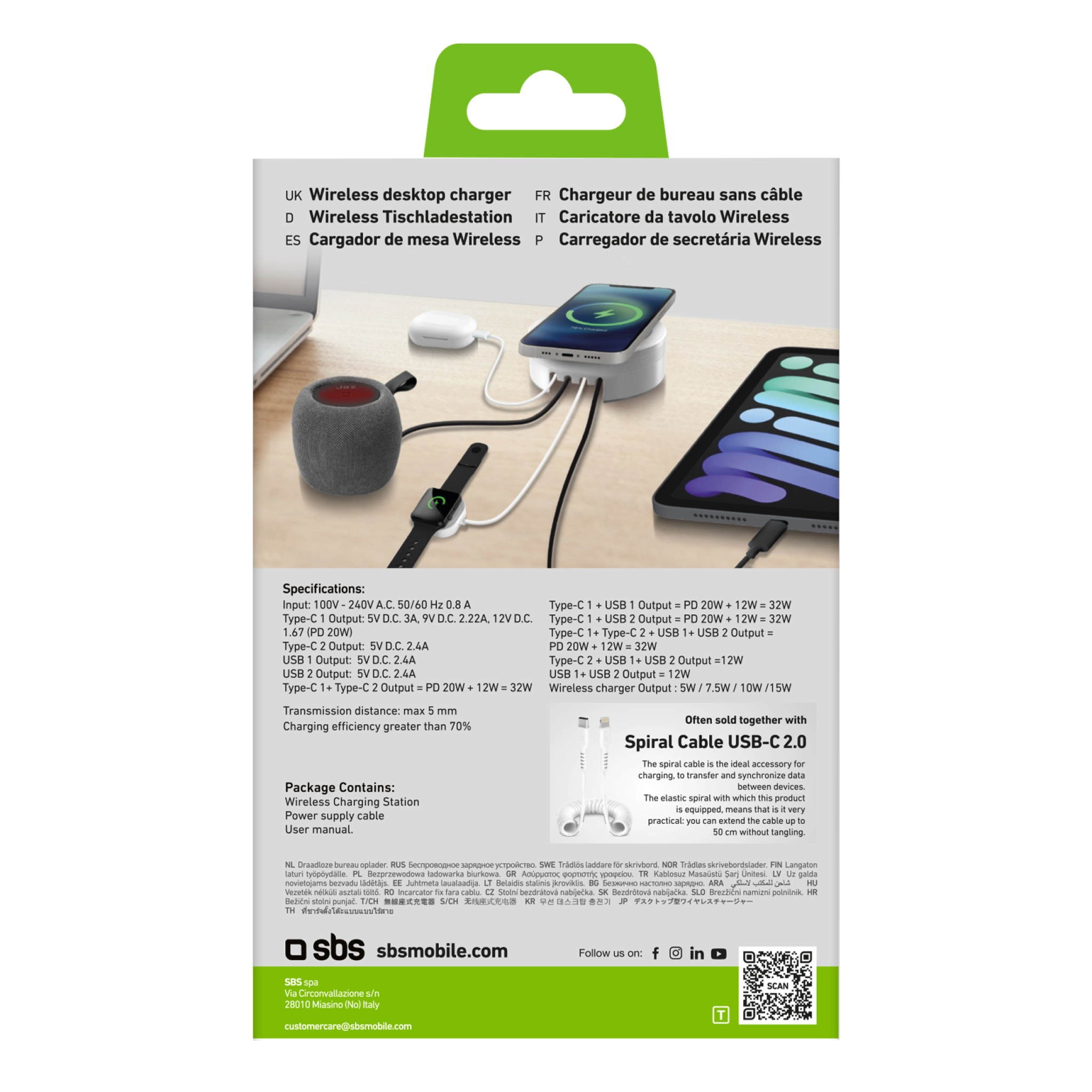 SBS ladestasjon med 2 USB-A-porter, 2 USB-C-porter og trådløs lader. Hvit