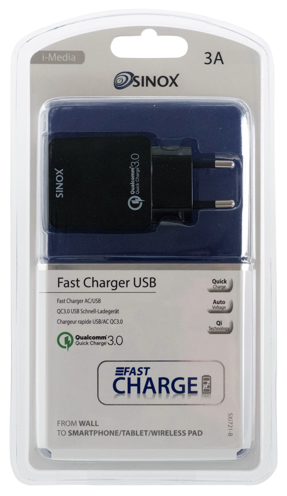 Sinox QC3.0 230V USB A-lader. 3.0A. Svart