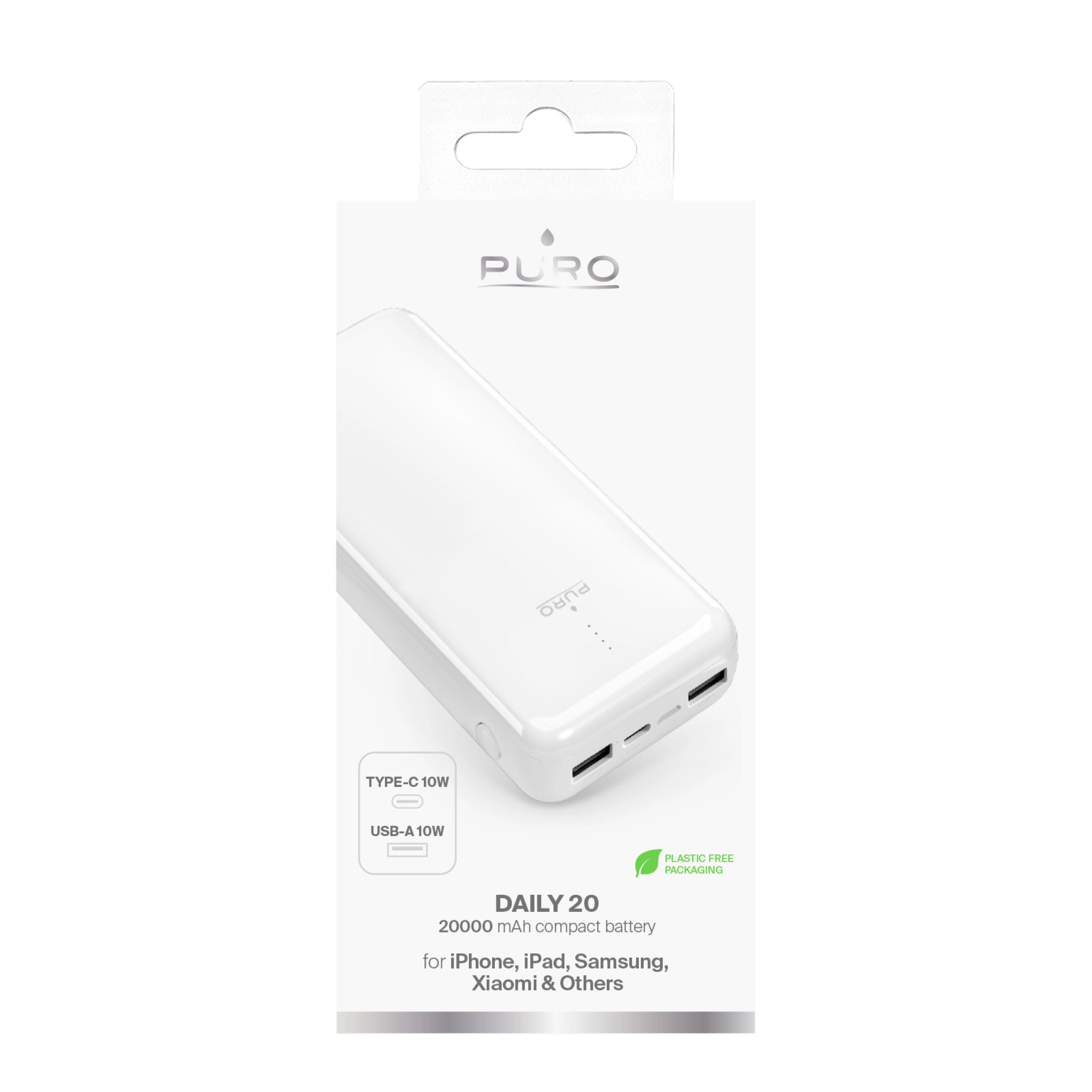 PURO Power Bank 20000 mAh USB-C + 2 USB-A hurtiglading. Hvit