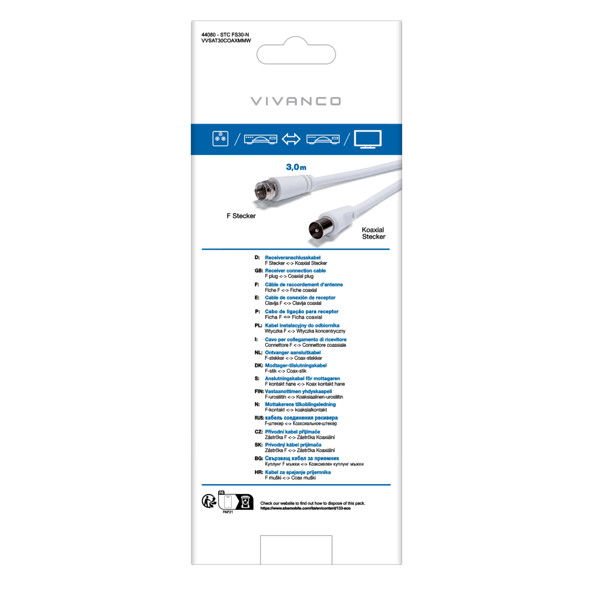 Vivanco koaksial satellittkabel type F hann til hann