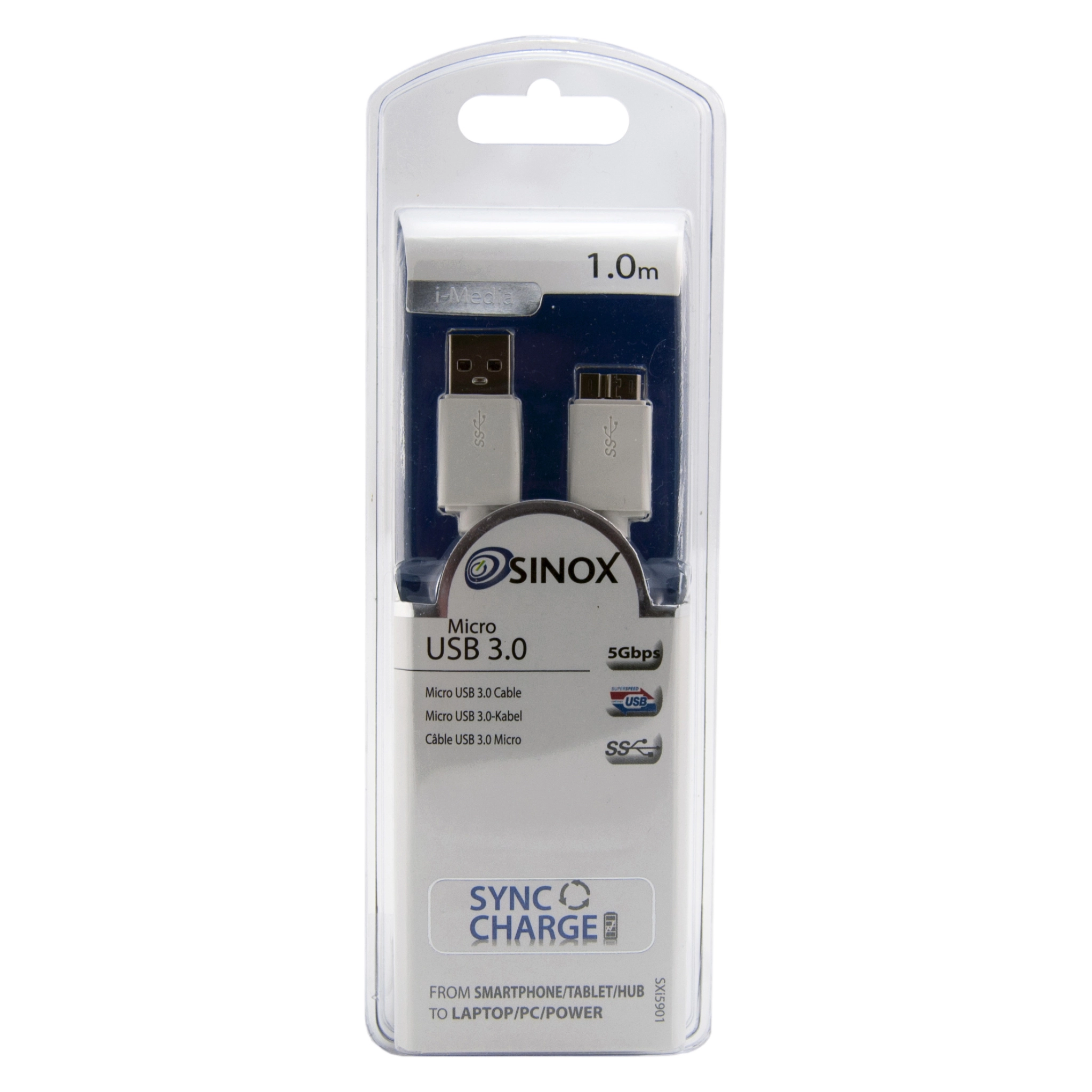 Sinox USB A 3.0 til Micro USB 3.0. 1m. Hvit