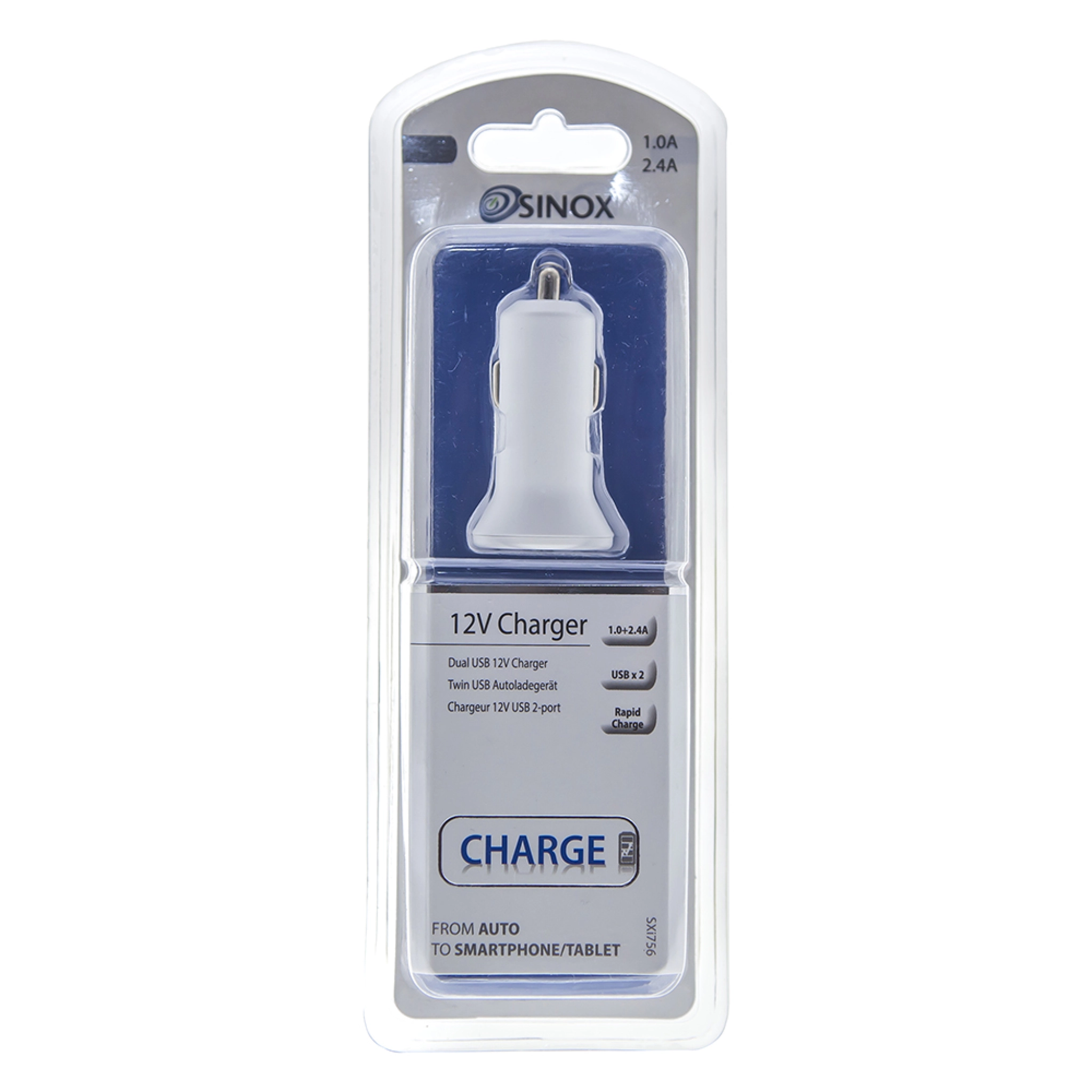 Sinox 12V dobbel USB A billader. 1.0+2.1A. Hvit