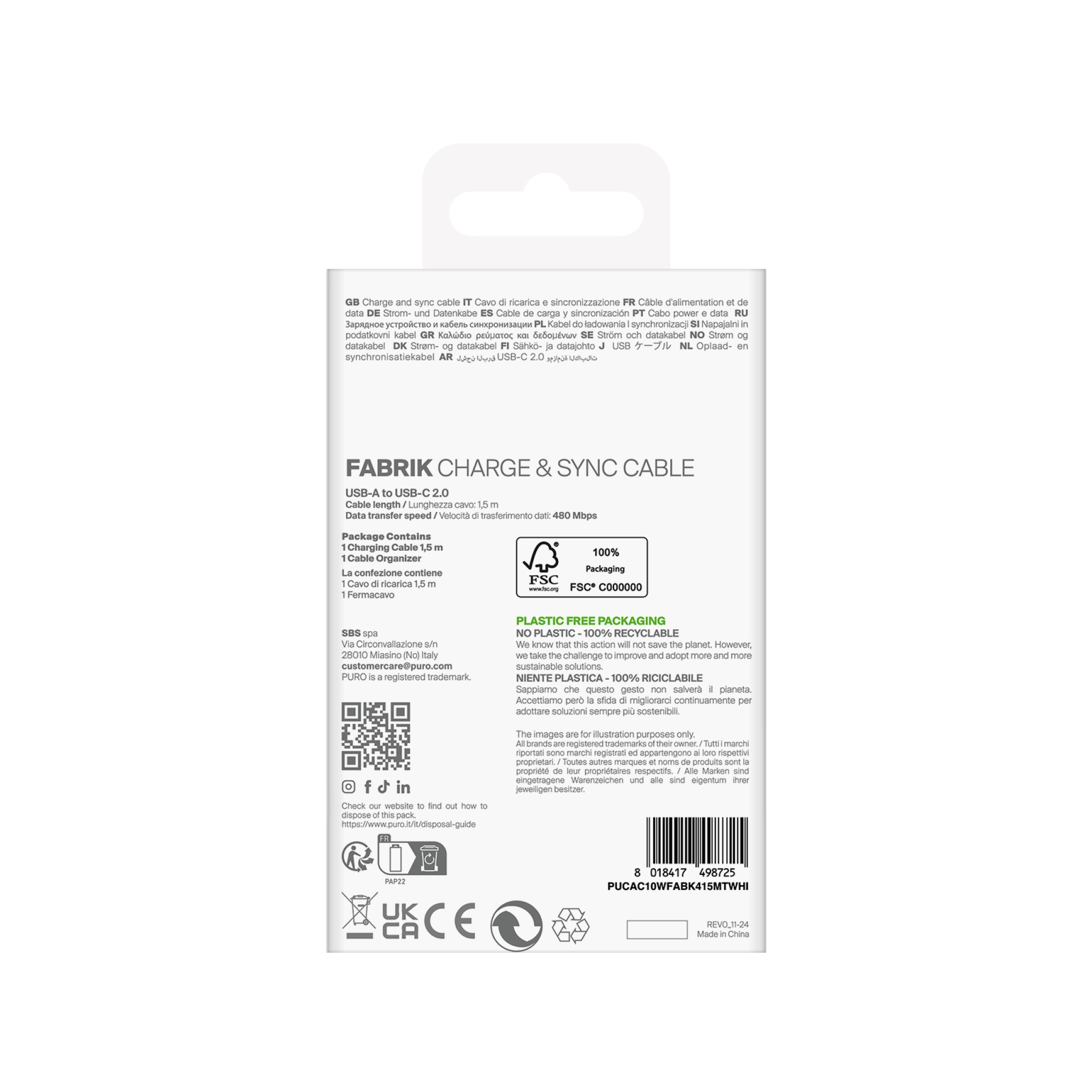 PURO Fabrik 2.0 USB-A - USB-C lade- og synkroniseringskabel