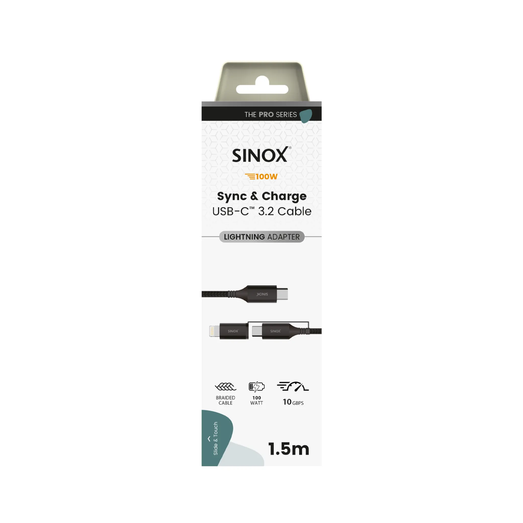 Sinox PRO 2-i-1-kabel med USB-C og Lightning. 1.5m. Flettet. Svart