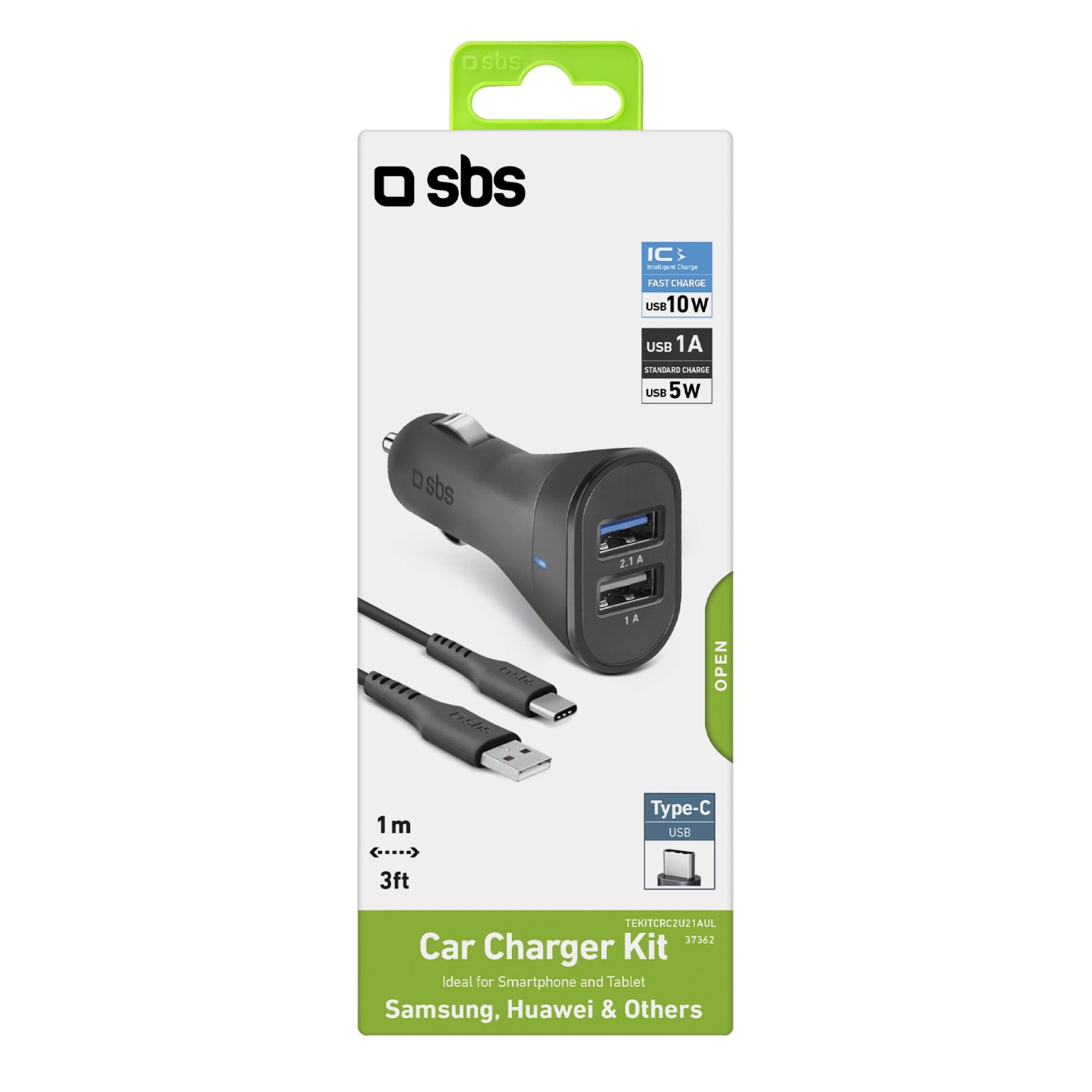 SBS USB-Type-C Car Charger Kit. 1A + 2.1A. 1m. Black