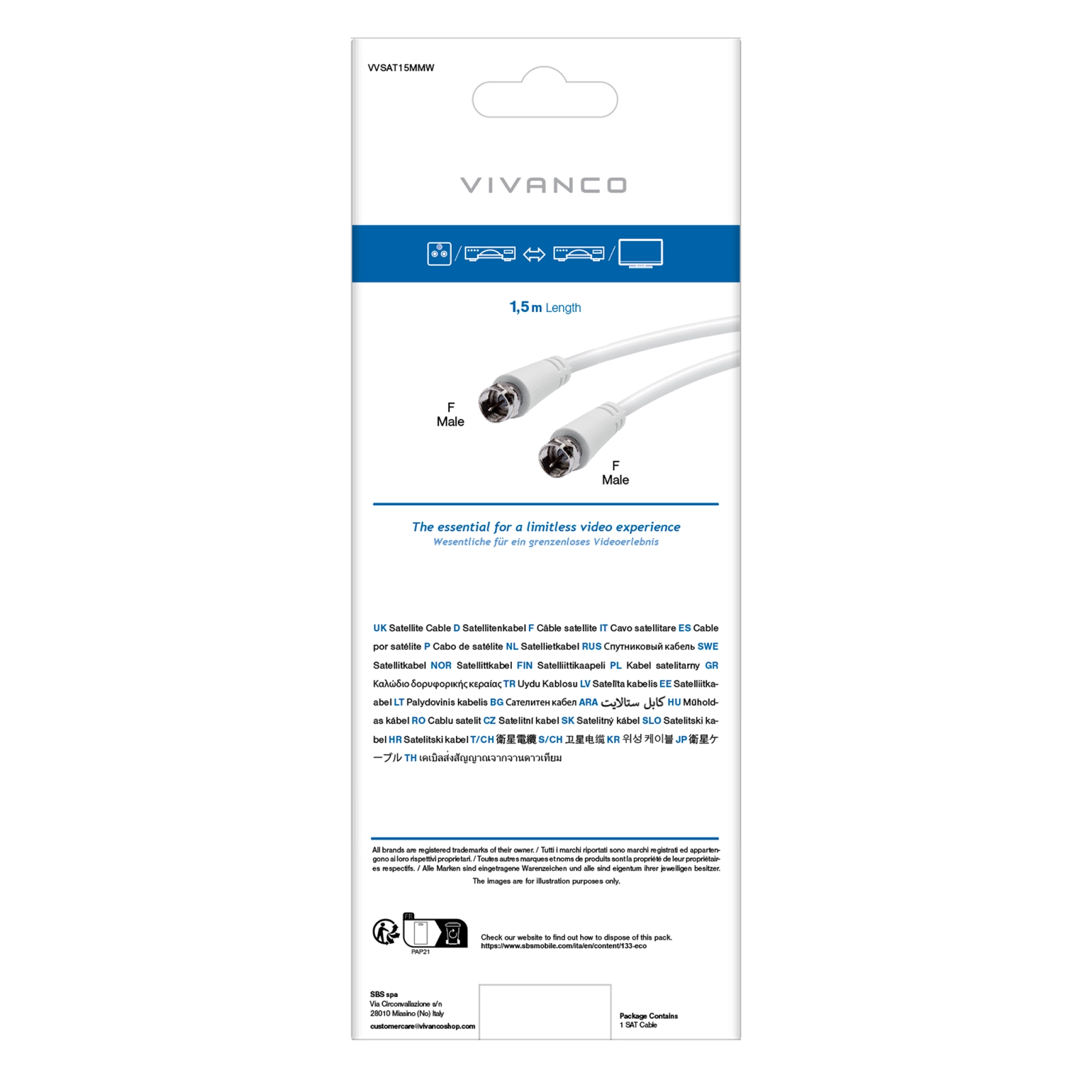 Vivanco koaksial satellittkabel type F hann til hunn