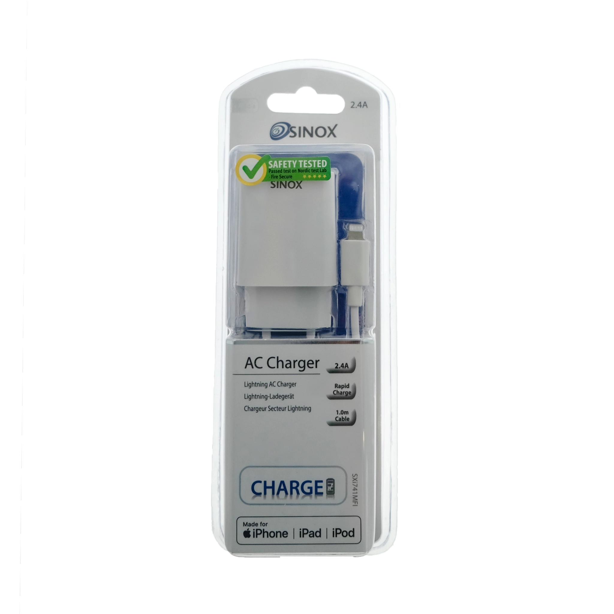 Sinox 230V USB A Charger w/MFI chip. 1m. White