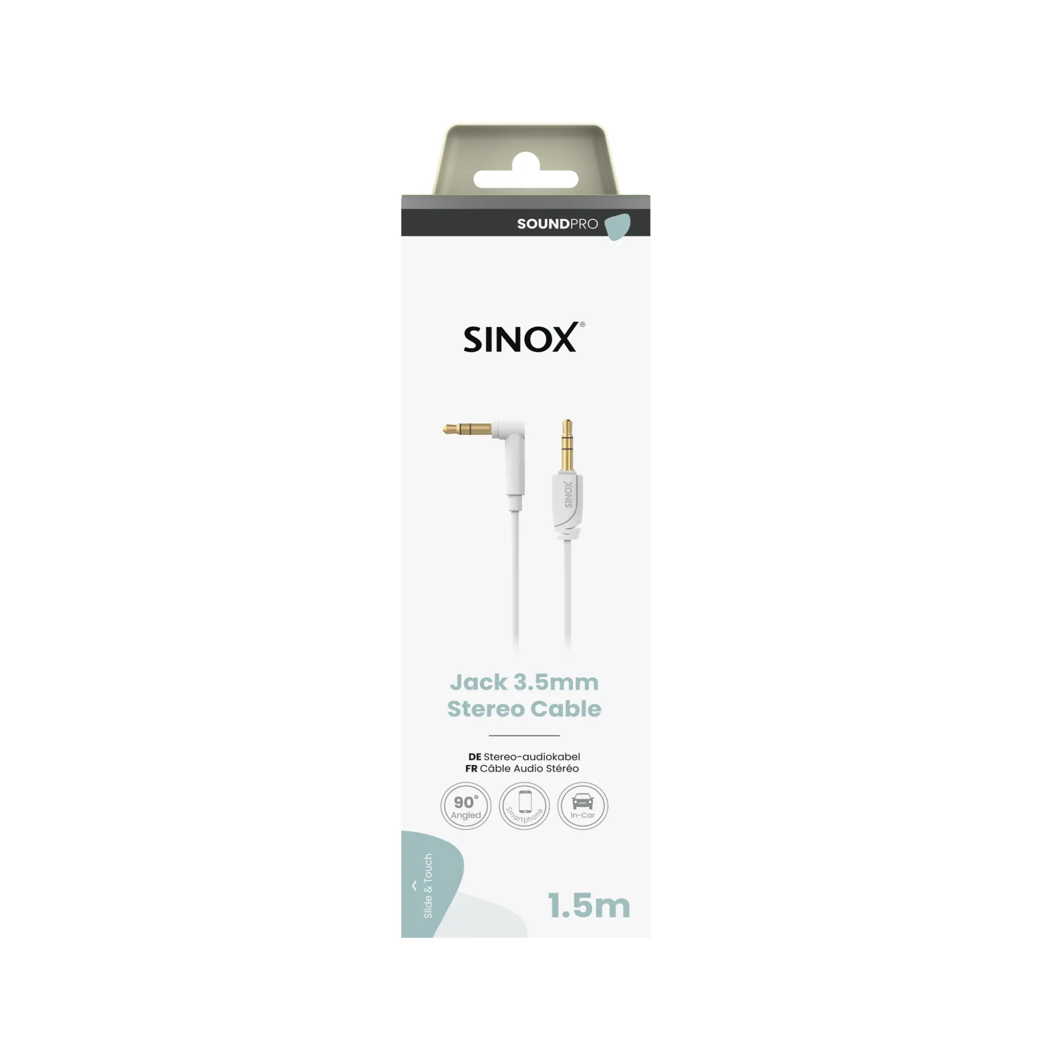 Sinox PRO Mini Jack-kabel vinklet. 1.5m. Hvit