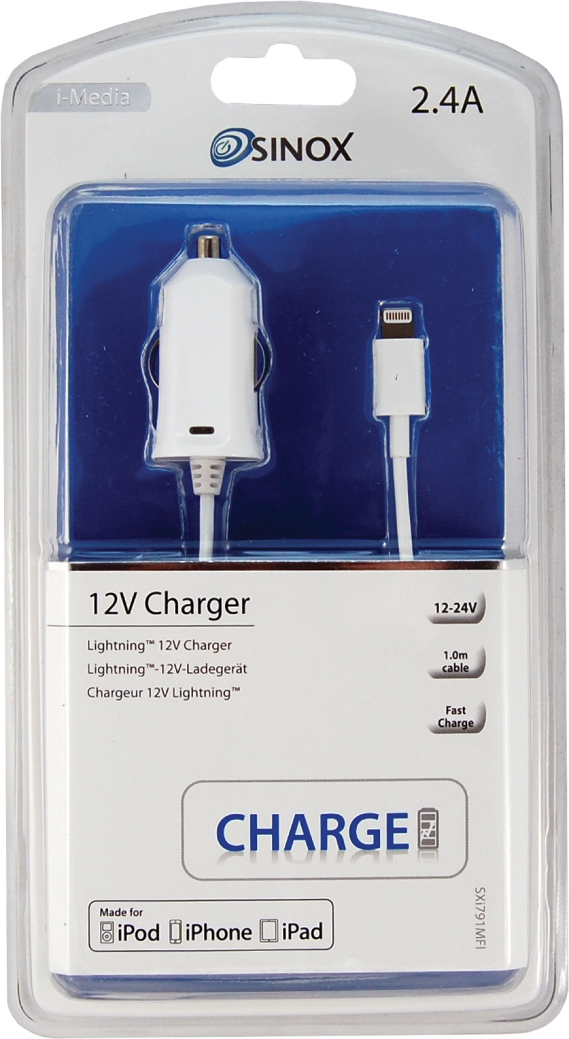 Sinox 12 V billader med Lightning+MFI brikkeplugg 2,4 A. 1m. Hvit
