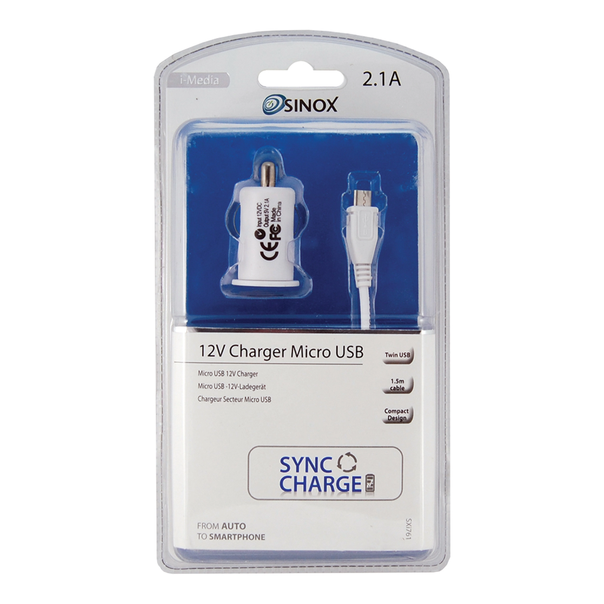 Sinox 12 V USB A billader m/mikro-USB-kabel. 2.4A. 1.5m. Hvit