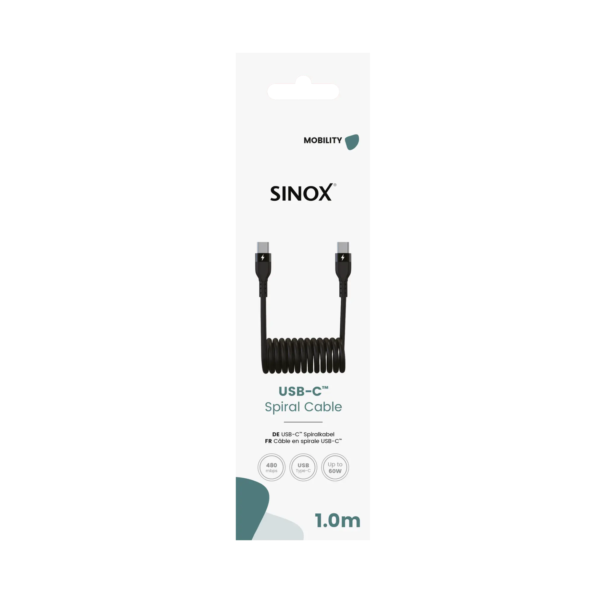Sinox USB C-spiralkabel. 1m. Svart