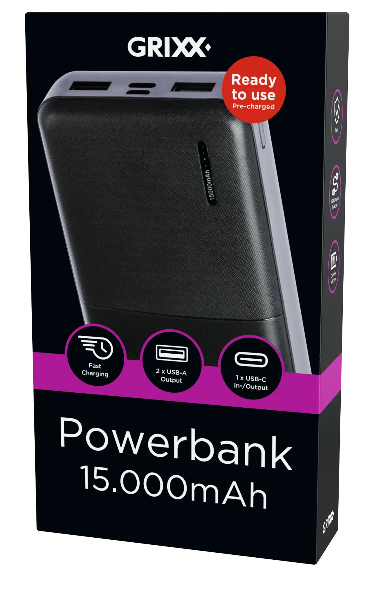 Grixx Powerbank 15.000mAh. Black