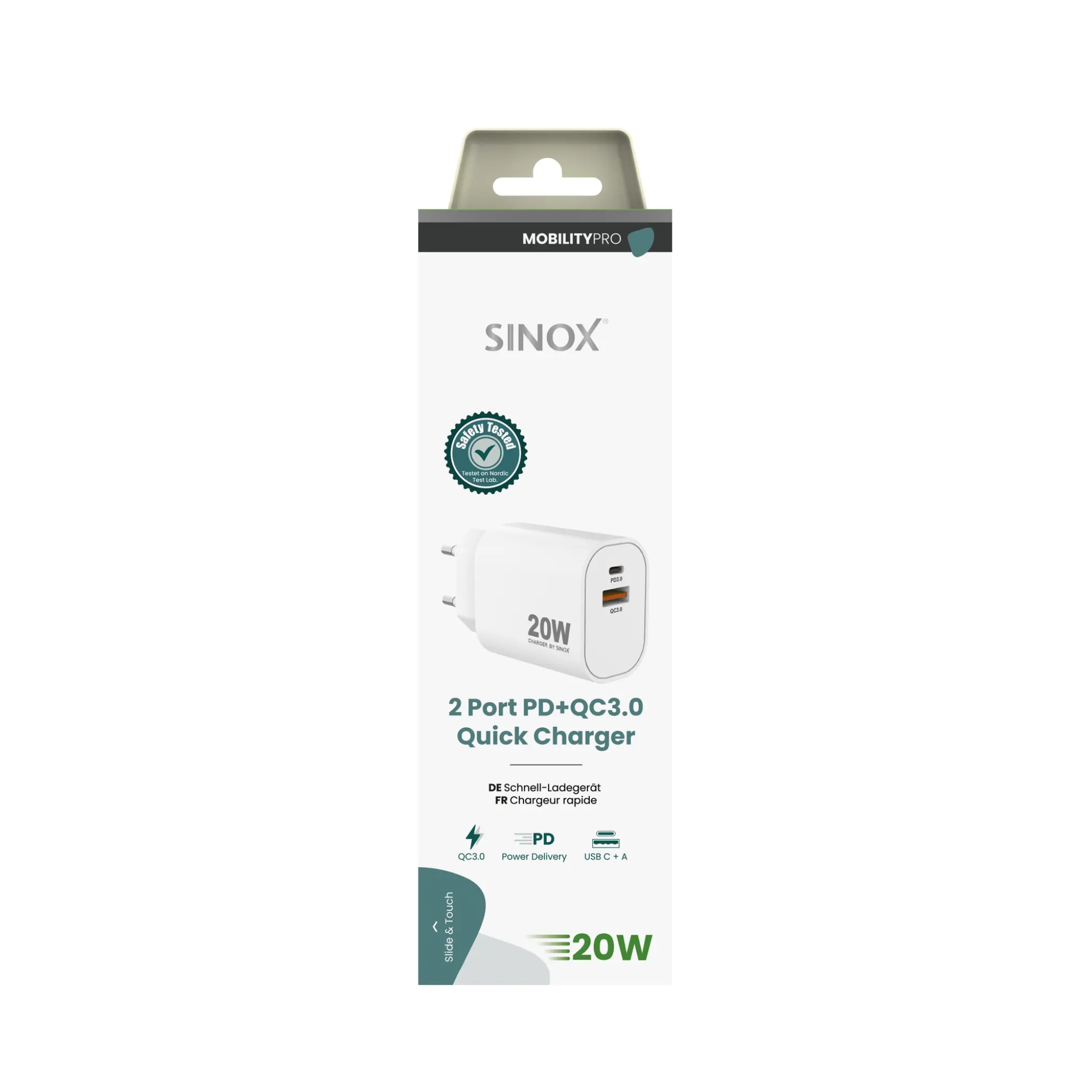 Sinox PRO vegglader USB-A+USB-C 20W. Hvit