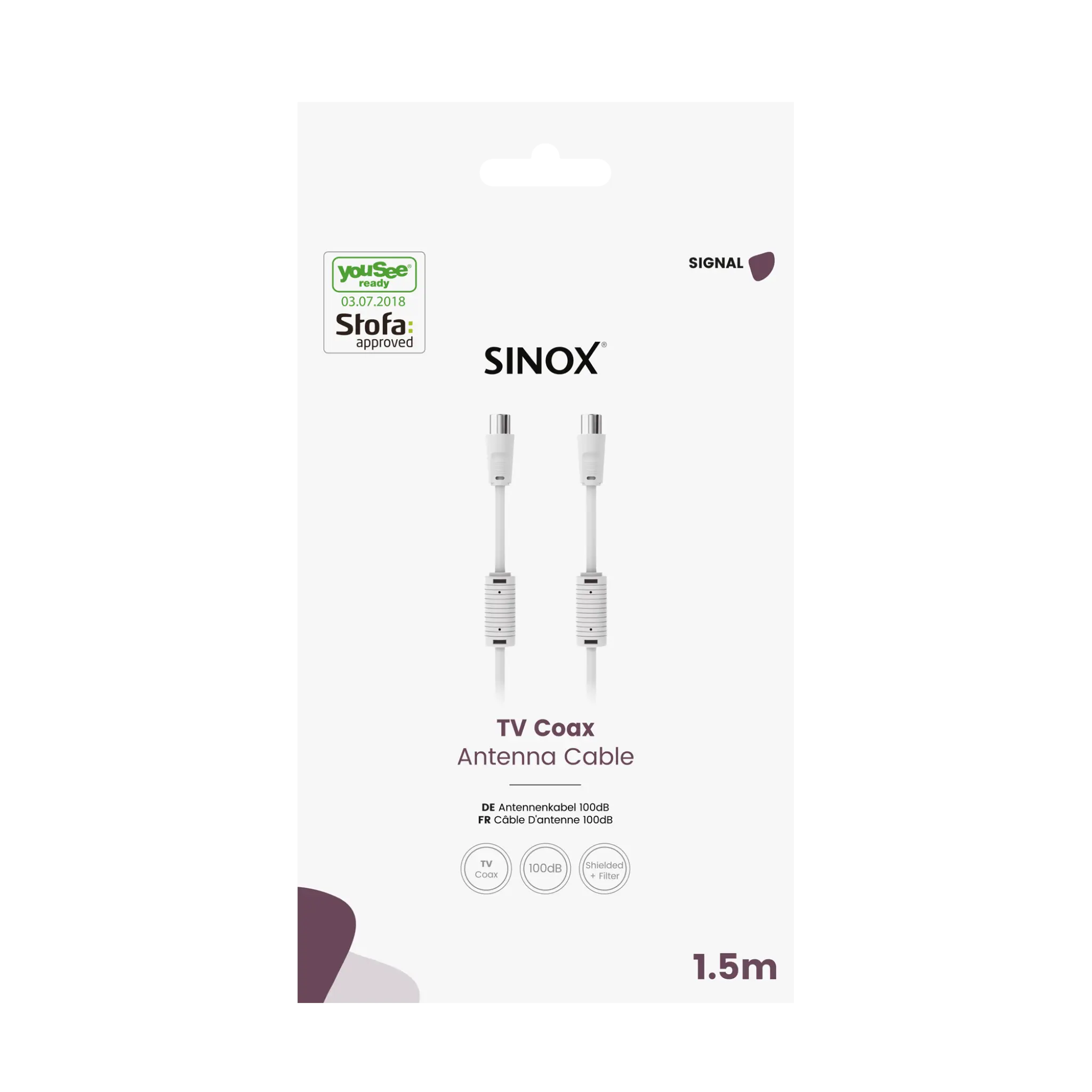 Sinox Antenna Cable YouSee Ready & Stofa approved. 1.5m. White