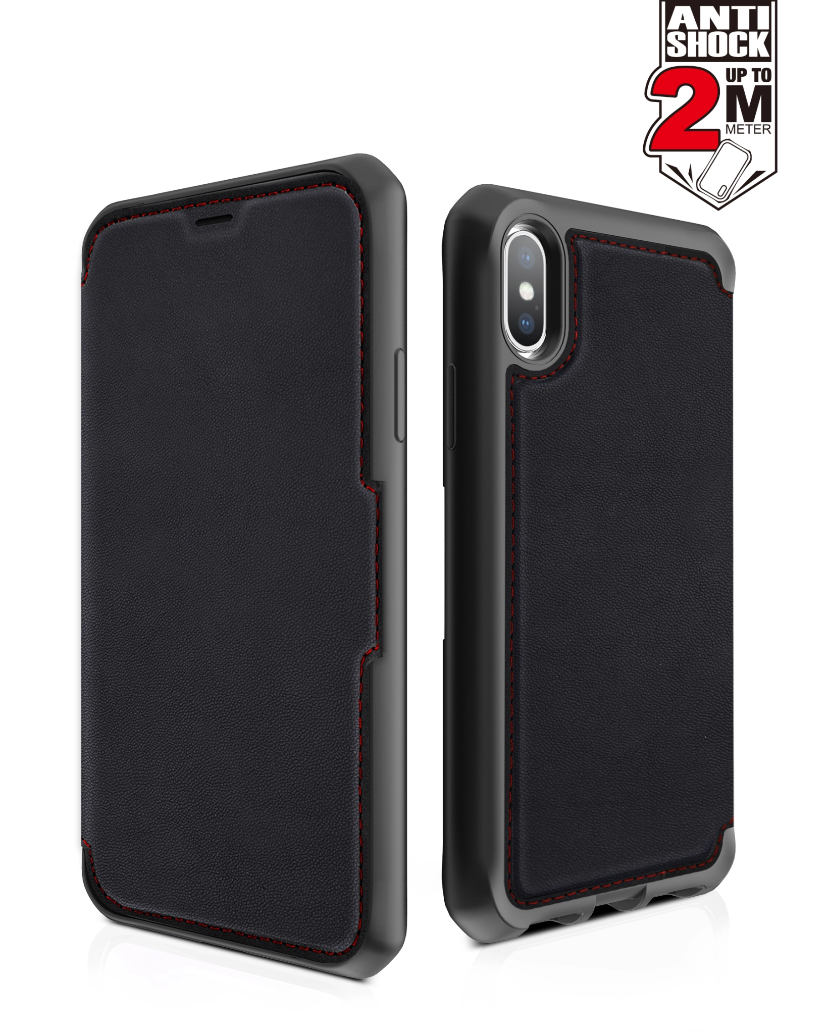 ITSKINS HYBRID FOLIO cover for iPhone XS / X®. Black and red with recycled leather