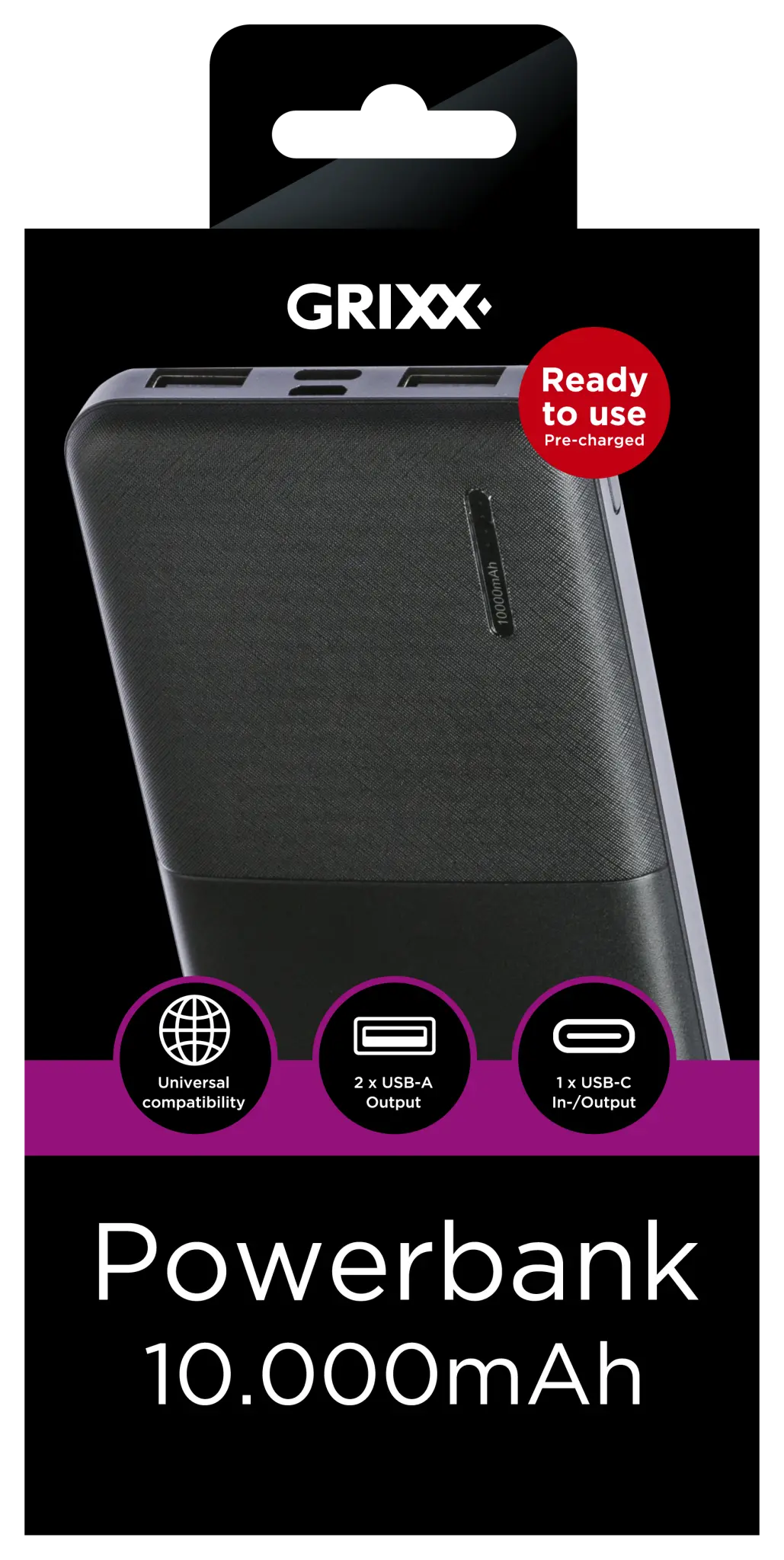 Grixx Powerbank 10.000mAh. Black