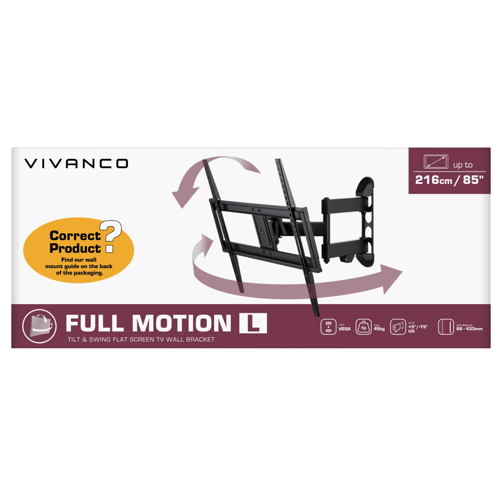 Vivanco TV-veggmontering, MOTION, 85", 45 kg, VESA 600x400