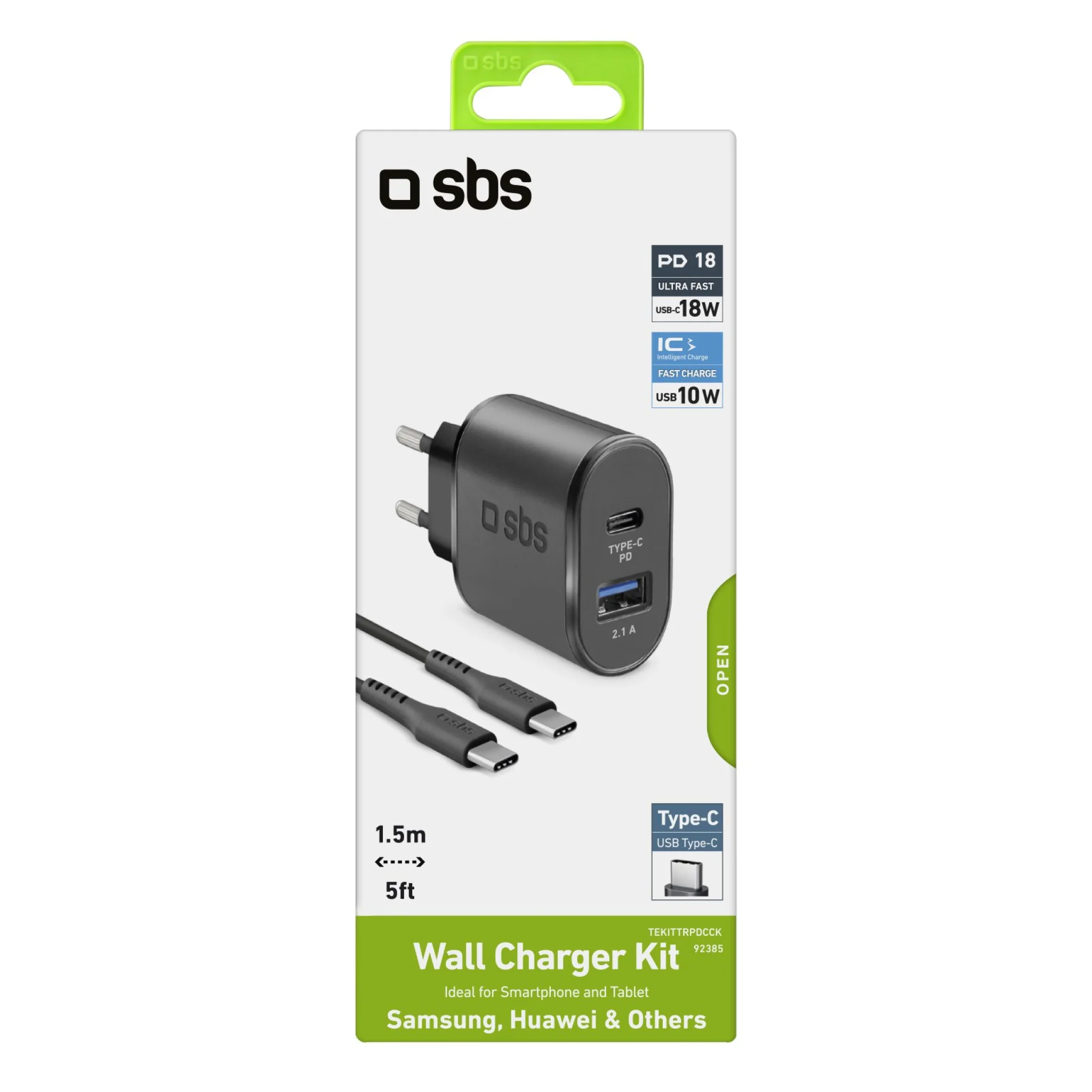 SBS 18W Charger. 1.5m USB-C Cable. Black