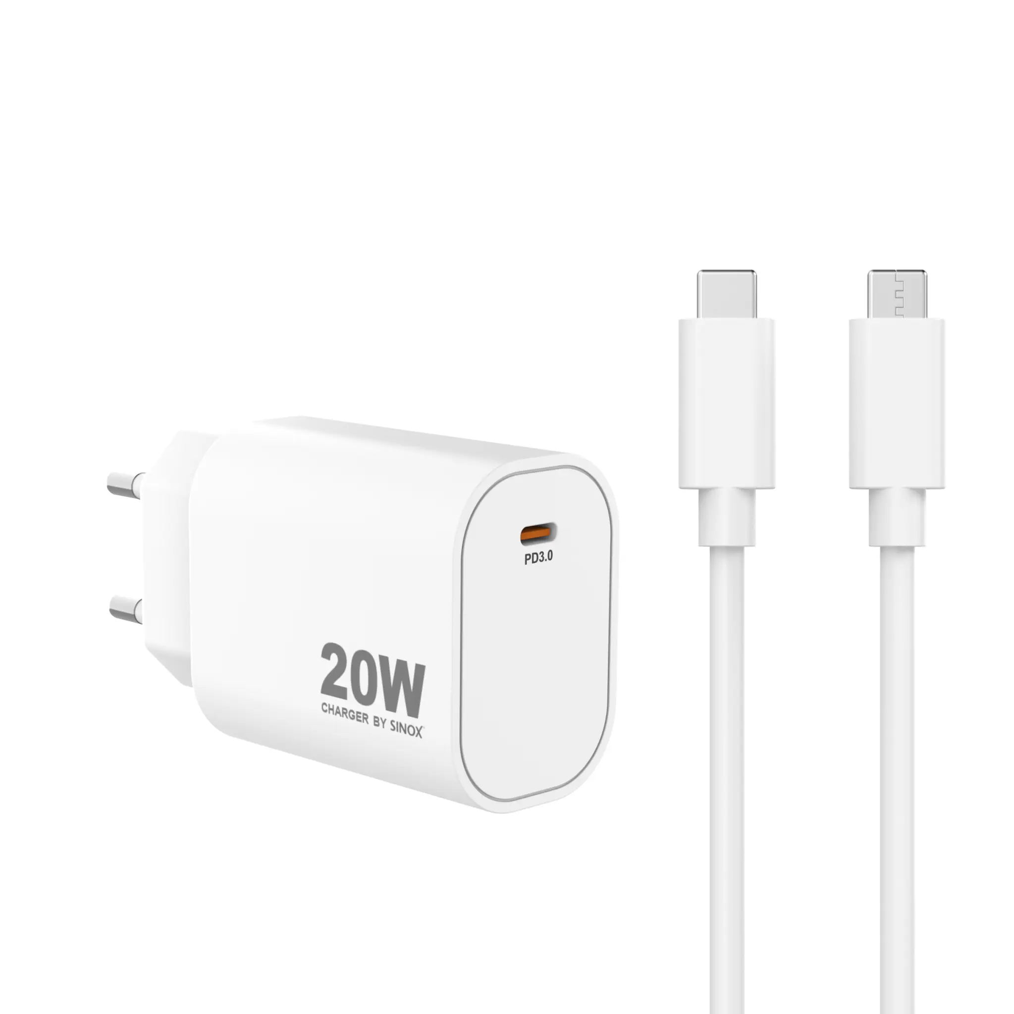 Sinox PRO vegglader USB-C PD 20W med USB-C-kabel. Hvit