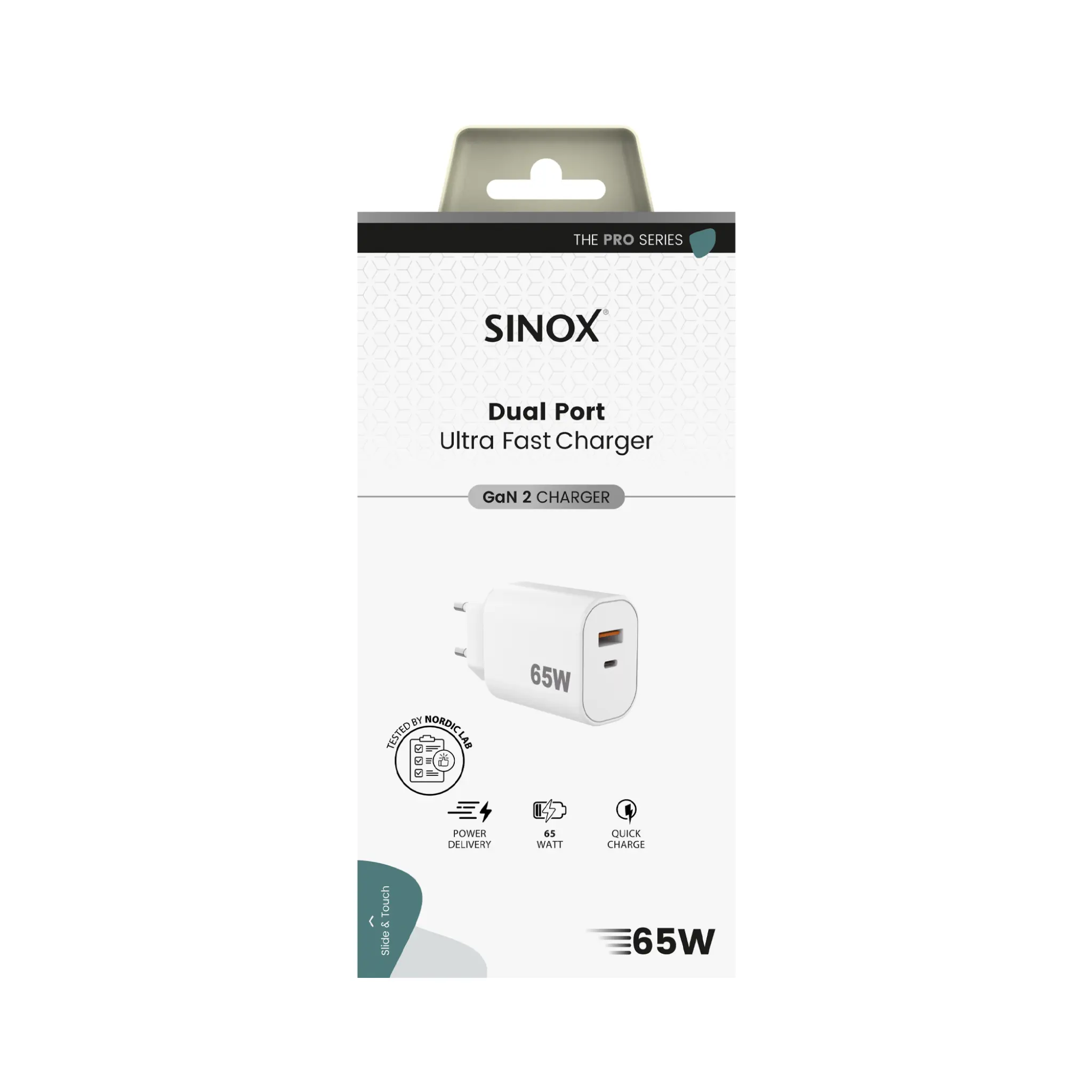 Sinox PRO vegglader USB-A+USB-C PD 65W. Hvit