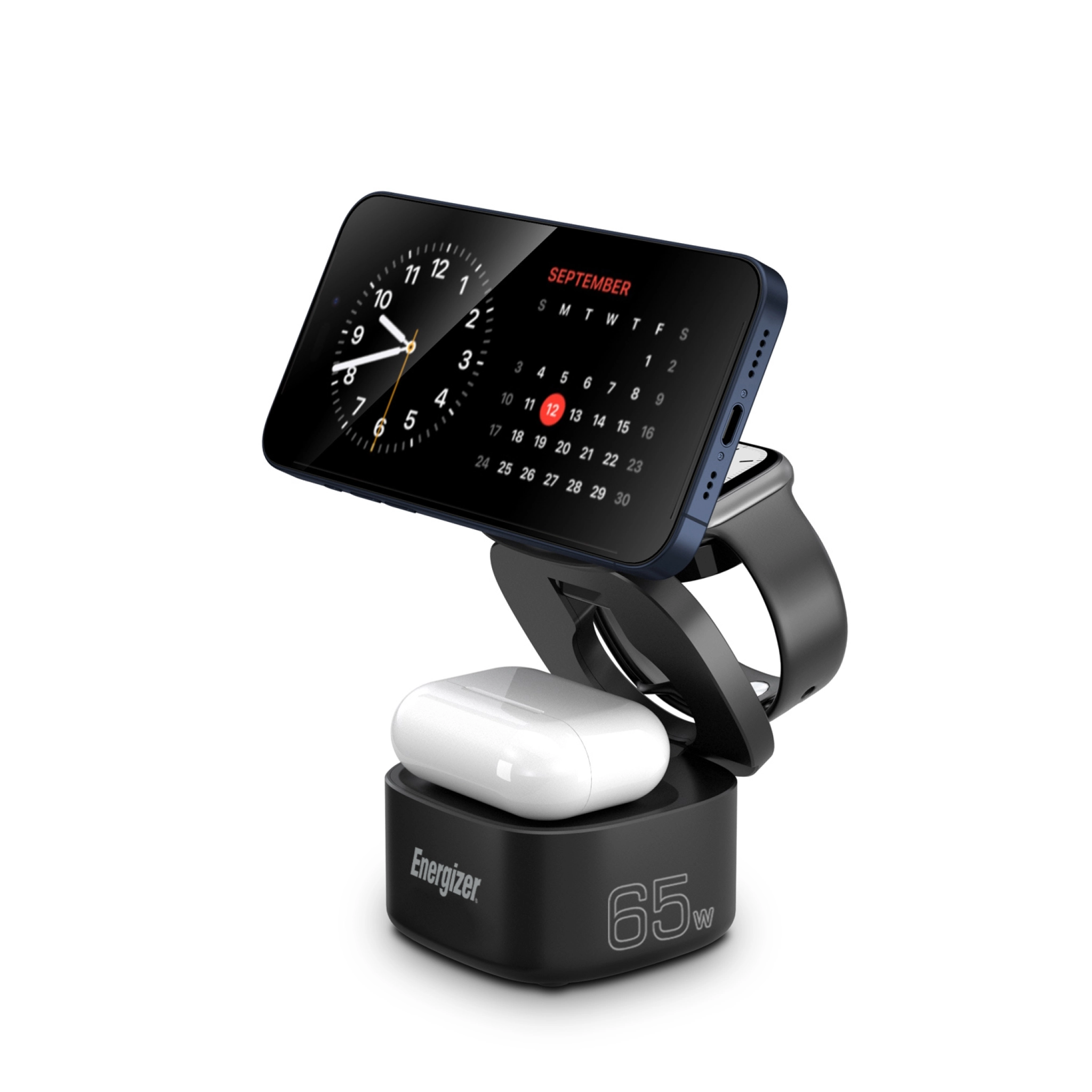 Energizer 3-i-1 trådløs ladestasjon med 65 W USB-C PD. Svart