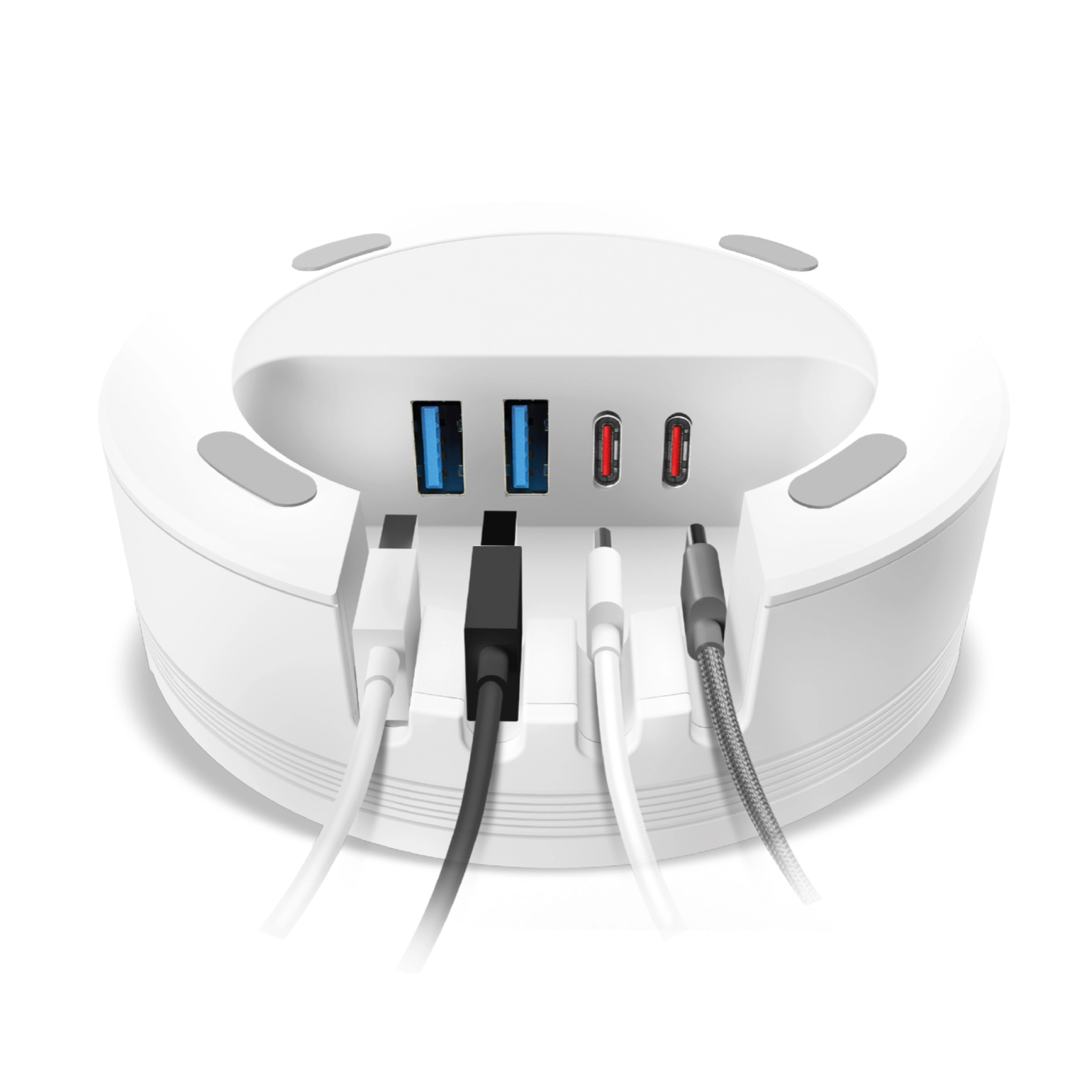 SBS ladestasjon med 2 USB-A-porter, 2 USB-C-porter og trådløs lader. Hvit