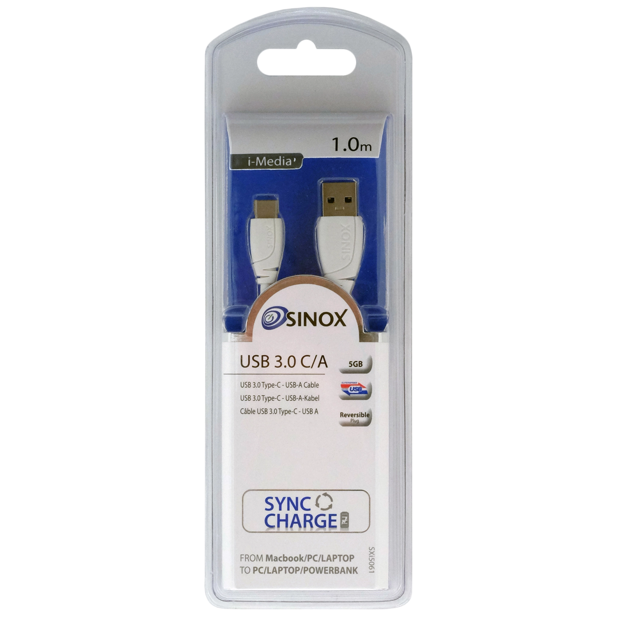 Sinox USB C til USB A-kabel. 1m. Hvit