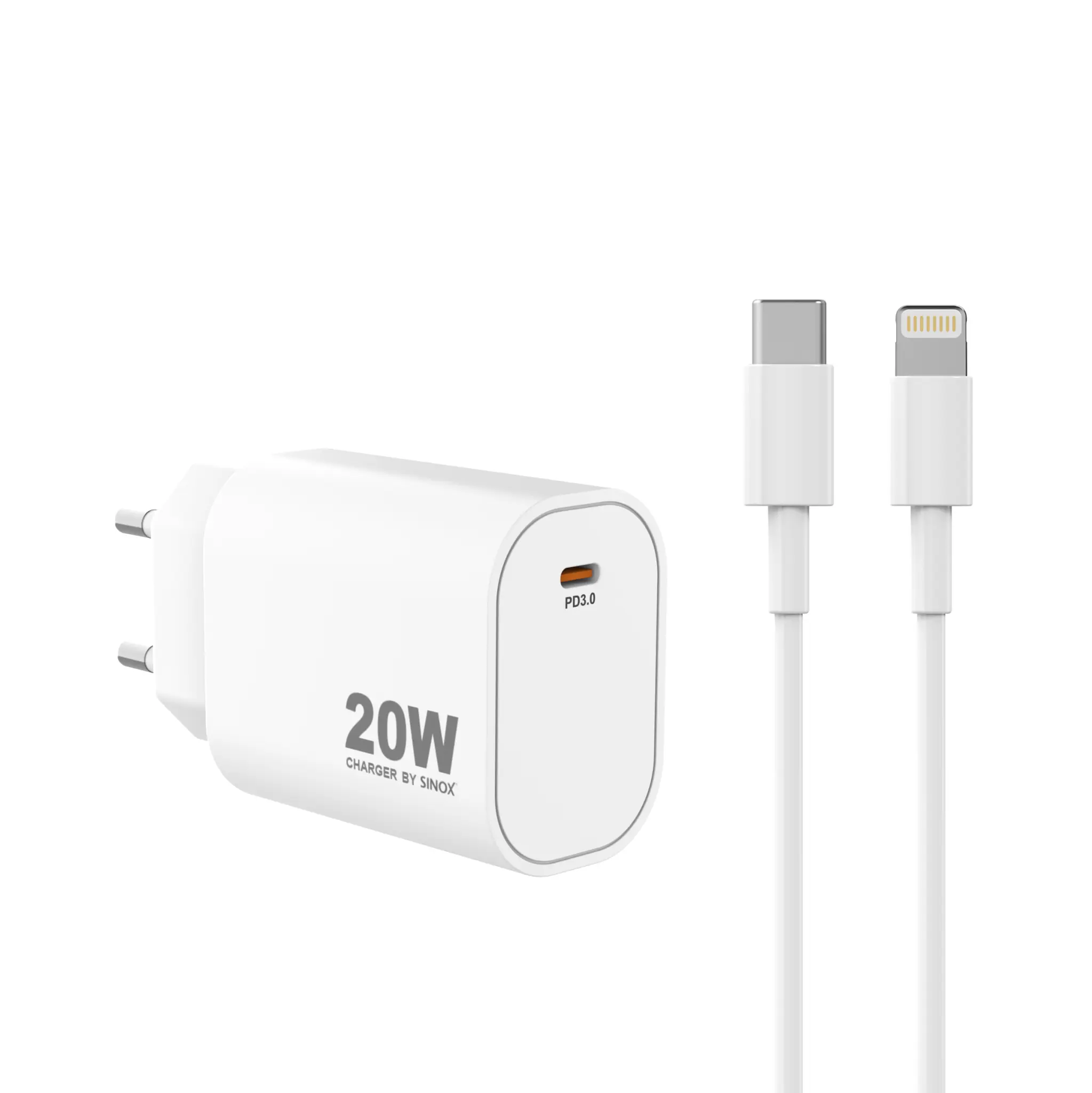 Sinox PRO vegglader USB-C PD 20W med Lightning kabel. Hvit