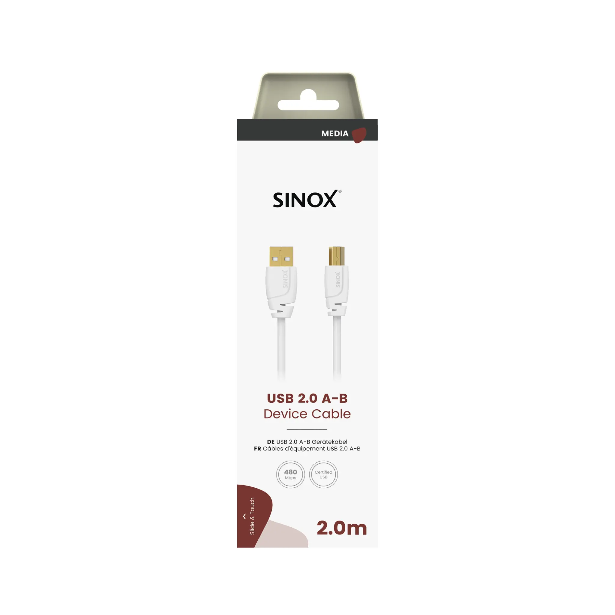 Sinox USB 2.0-skriverkabel. 2m. Hvit