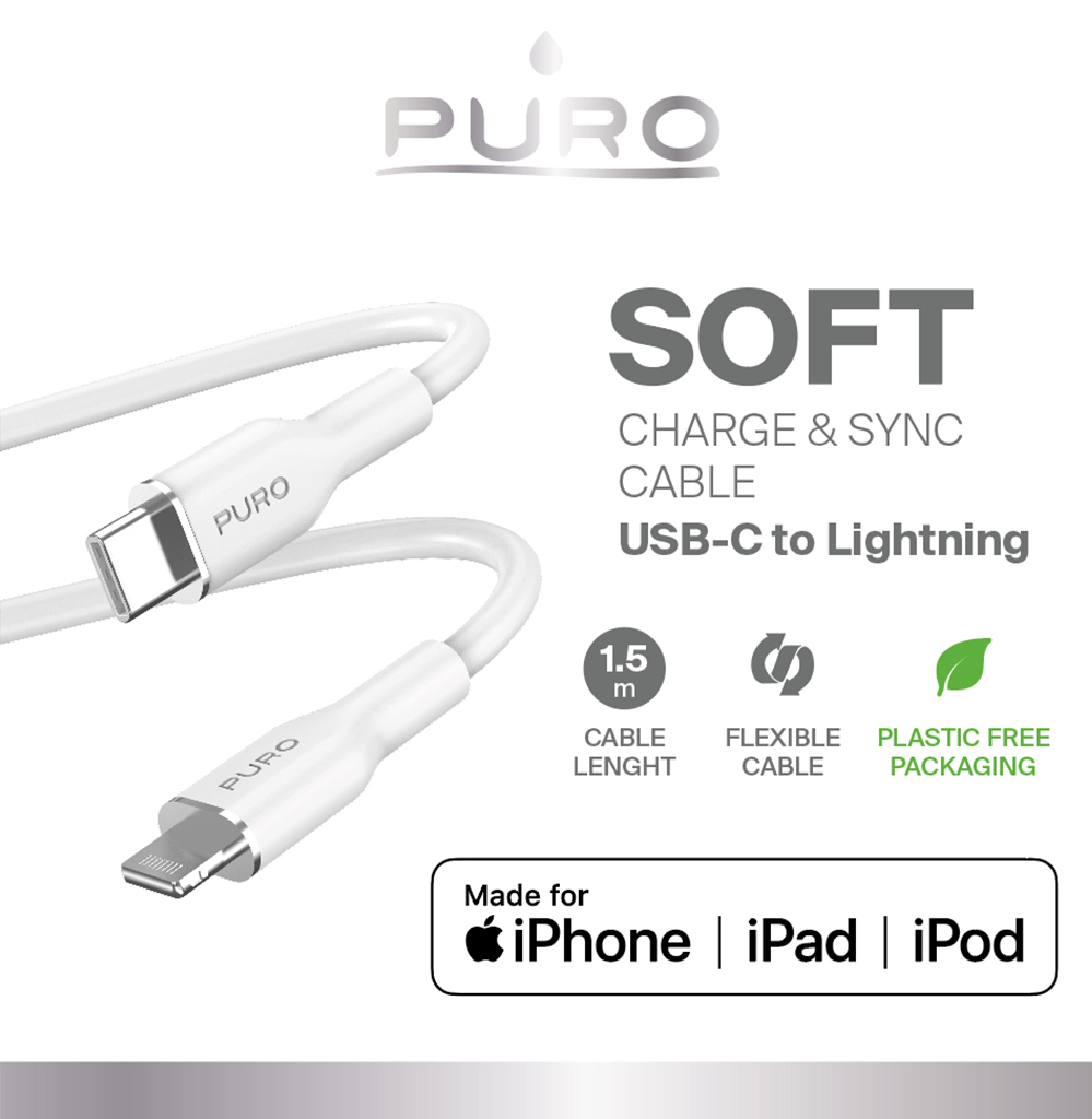 PURO strøm- og datasynkroniseringskabel SOFT fra USB-C til Lightning 1,5 m