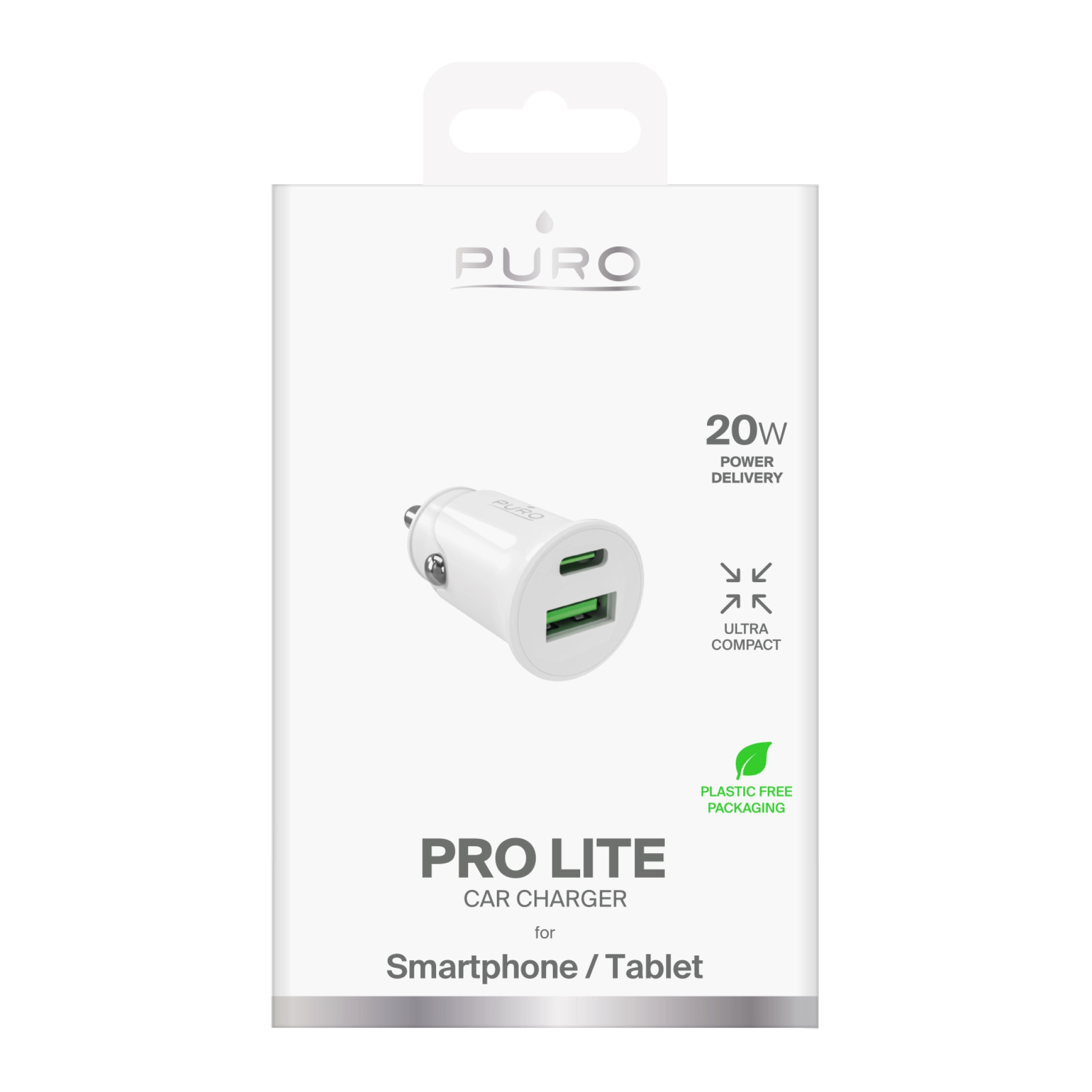 PURO Pro Lite billader med 1 USB-A-port og 1 USB-C-port. Hvit