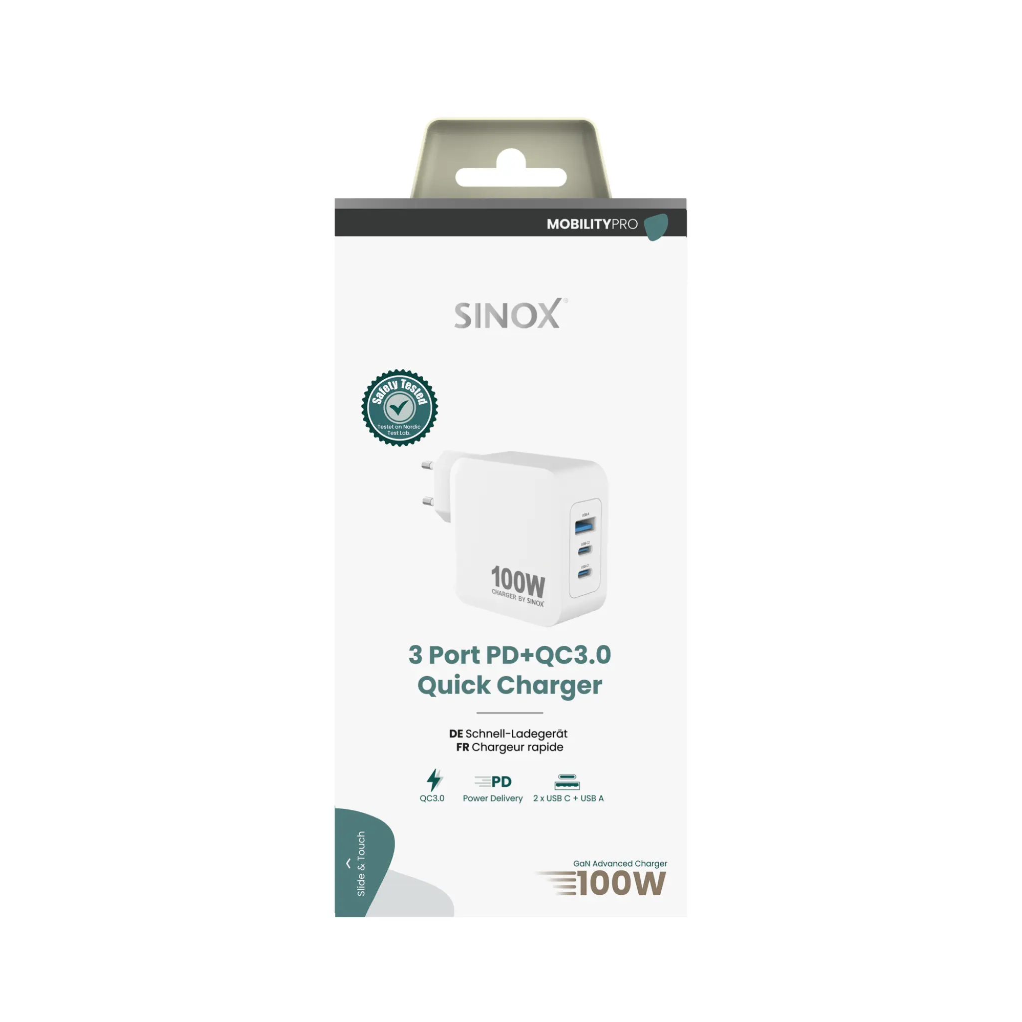 Sinox PRO vegglader 2xUSB-C 1xUSB-A PD 100W. Hvit